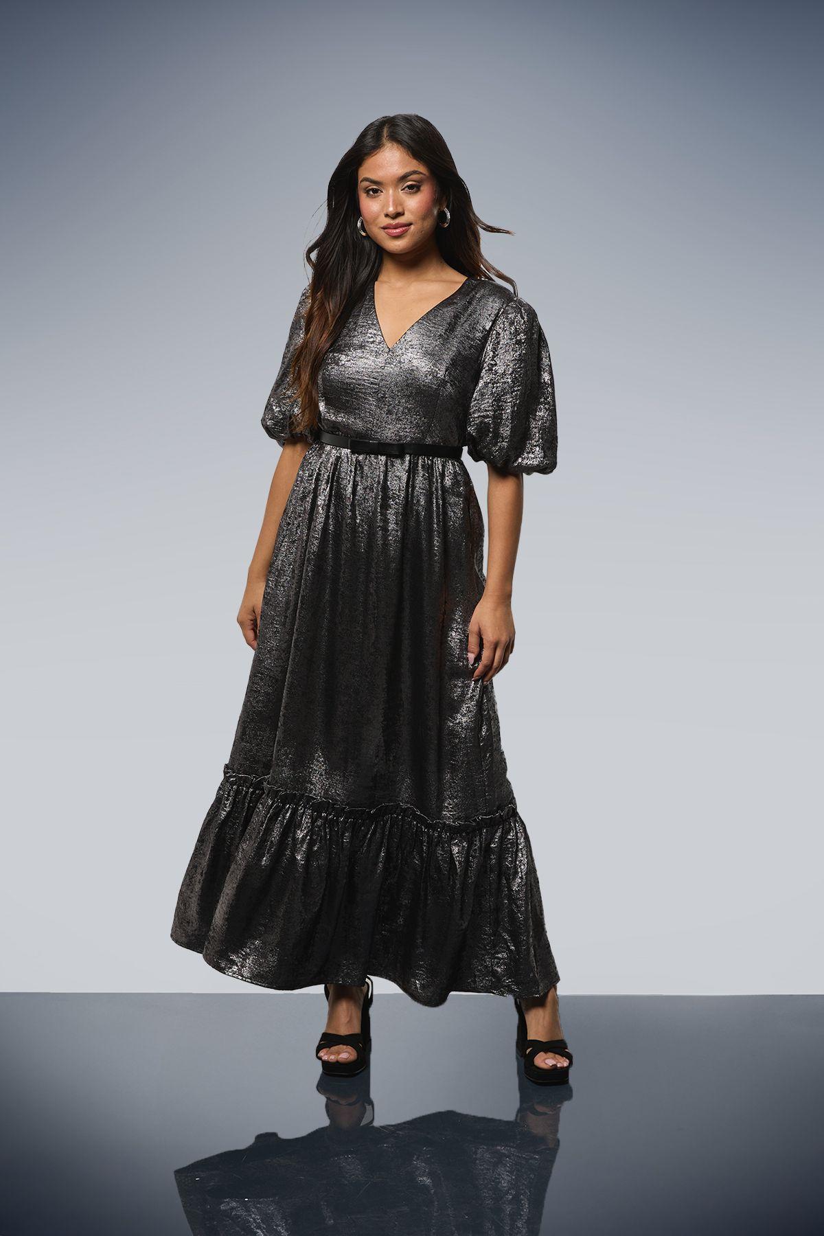 Petite DP Luxe Metallic Puff Sleeve Tiered Maxi Dress by DOROTHY PERKINS