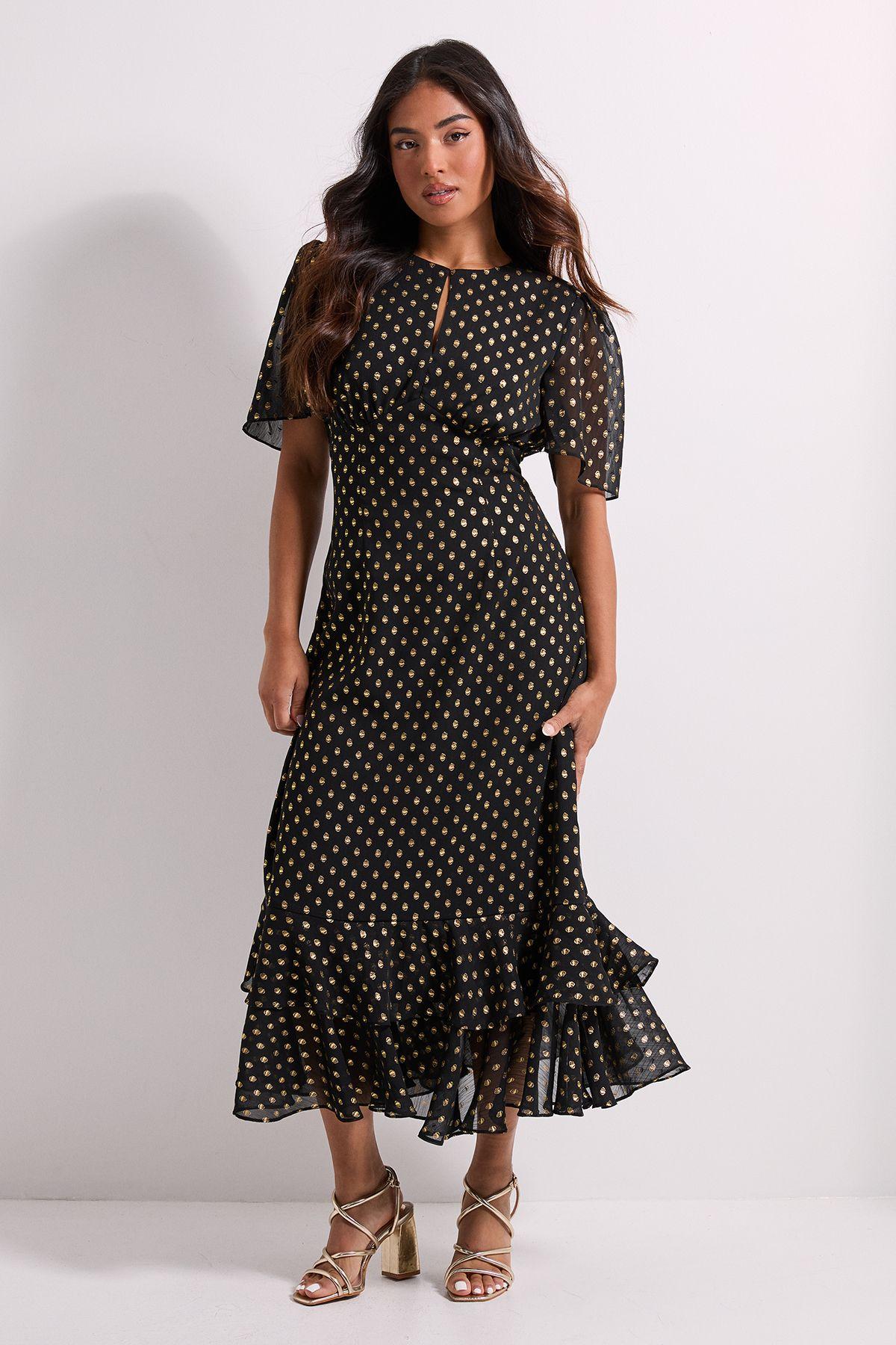 Petite DP Luxe Metallic Spot Chiffon Ruffle Hem Midi Dress by DOROTHY PERKINS