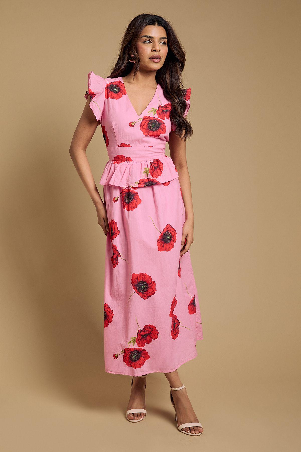 Petite DP Luxe Peplum Frill Detail V Neck Printed Maxi Dress by DOROTHY PERKINS