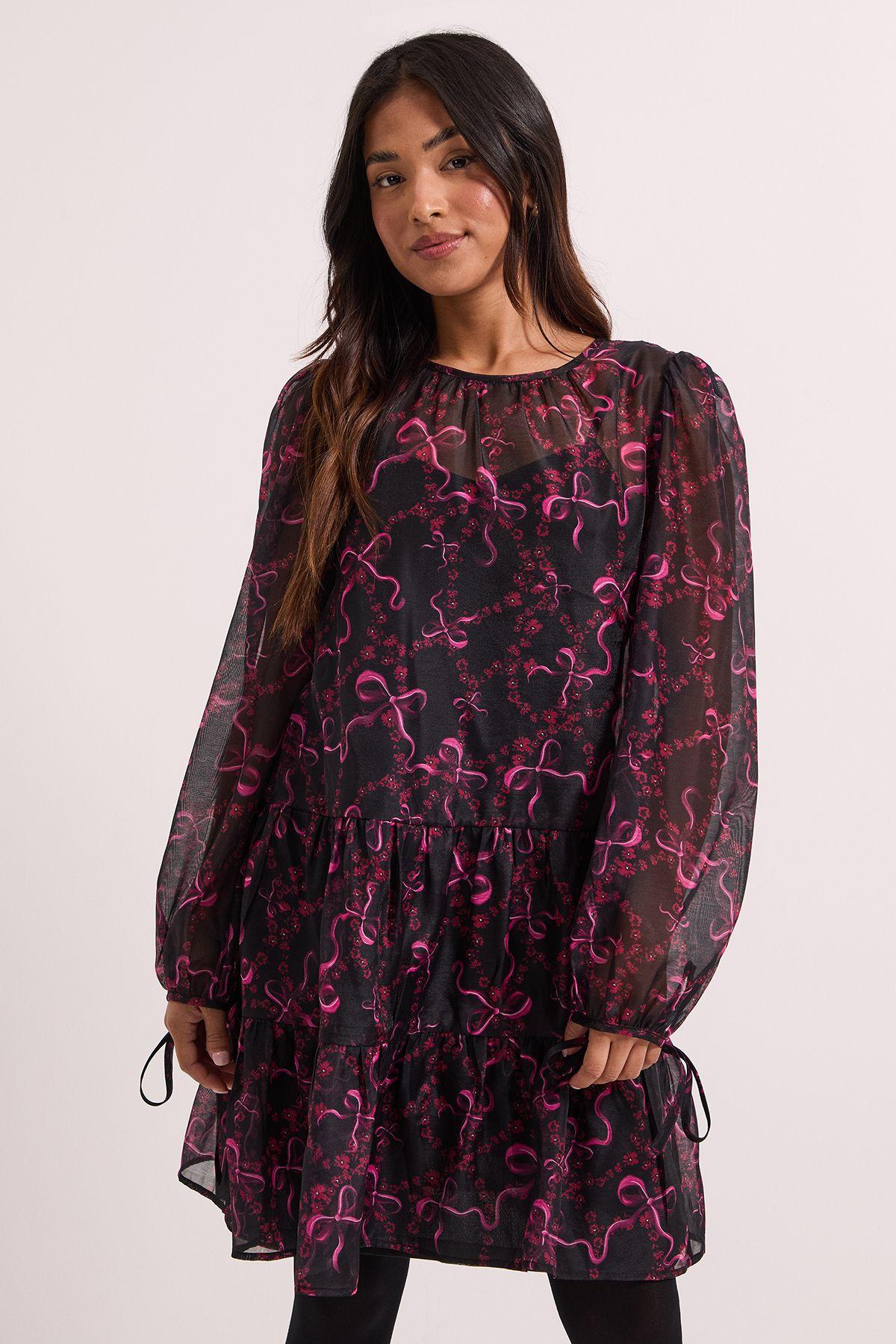 Petite DP Luxe Printed Organza Blouson Sleeve Mini Dress by DOROTHY PERKINS