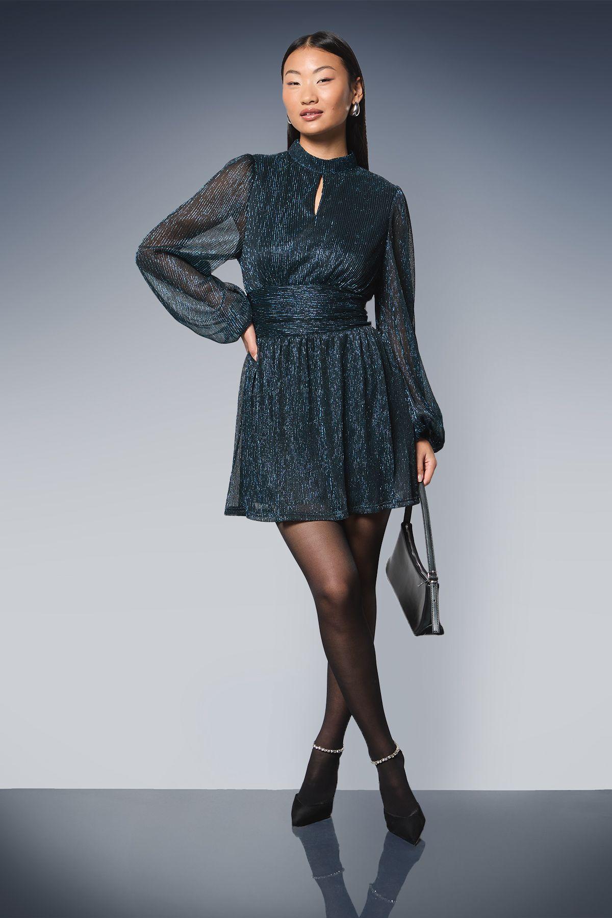 Petite DP Luxe Sparkle Plisse Jersey High Neck Mini Dress by DOROTHY PERKINS