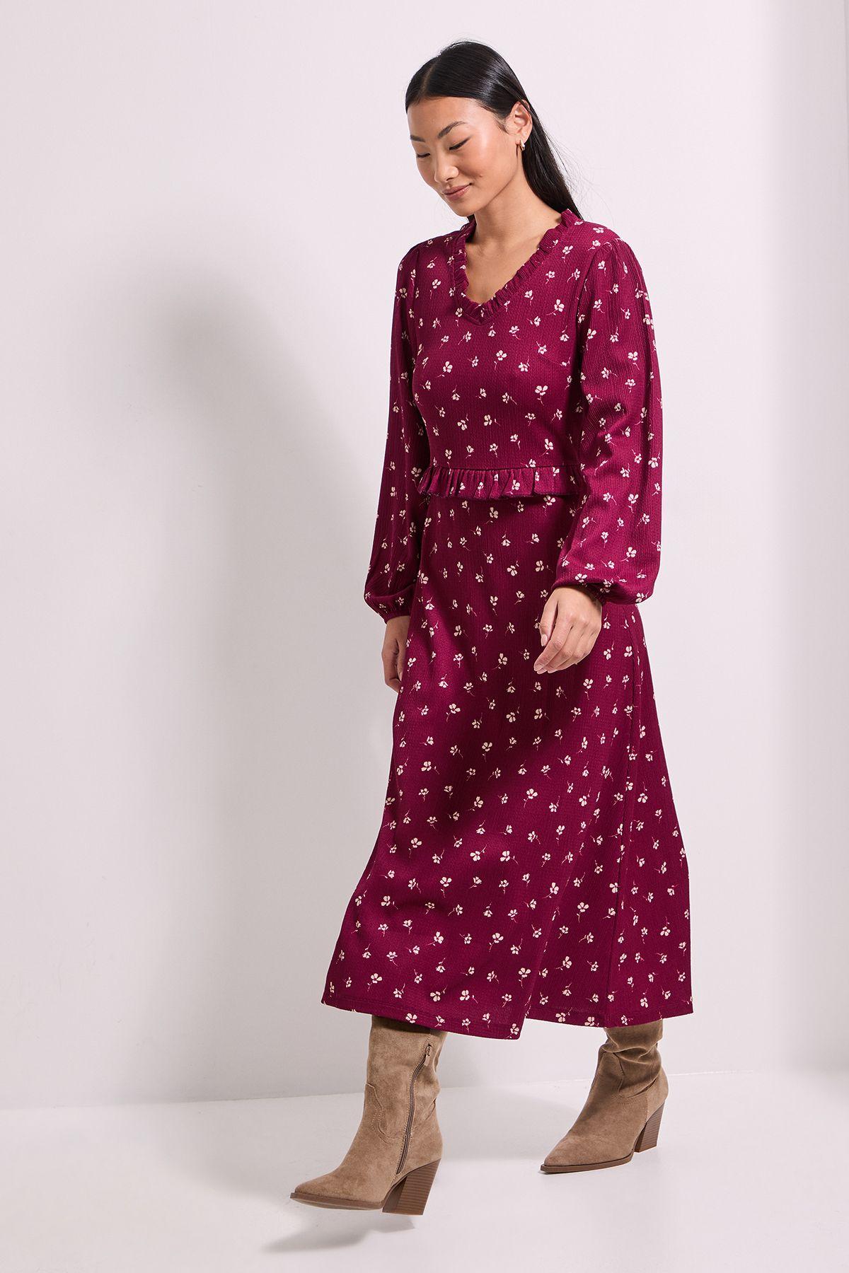 Petite Ditsy Floral Frill Scoop Neck Blouson Sleeve Jersey Midi Dress by DOROTHY PERKINS