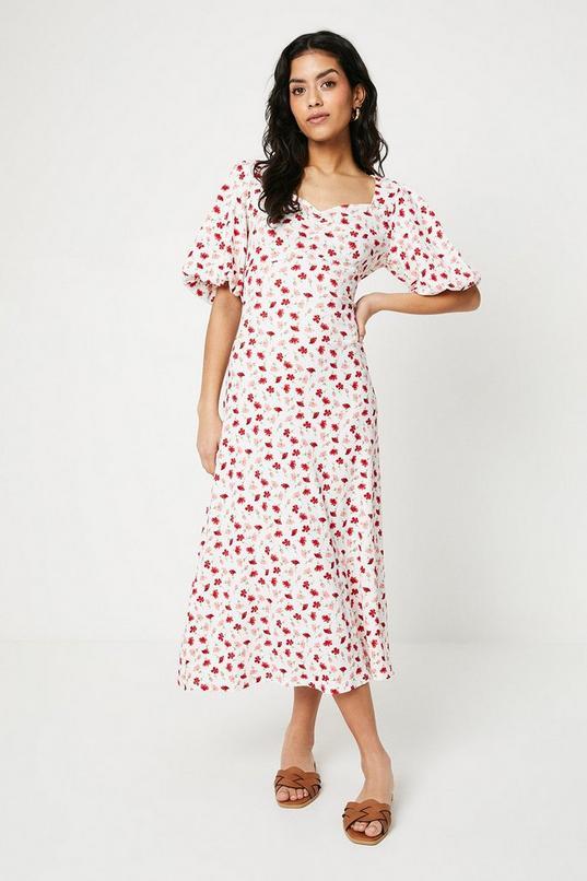 Petite Ditsy Ruched Front Puff Sleeve Jersey Midi Dress by DOROTHY PERKINS