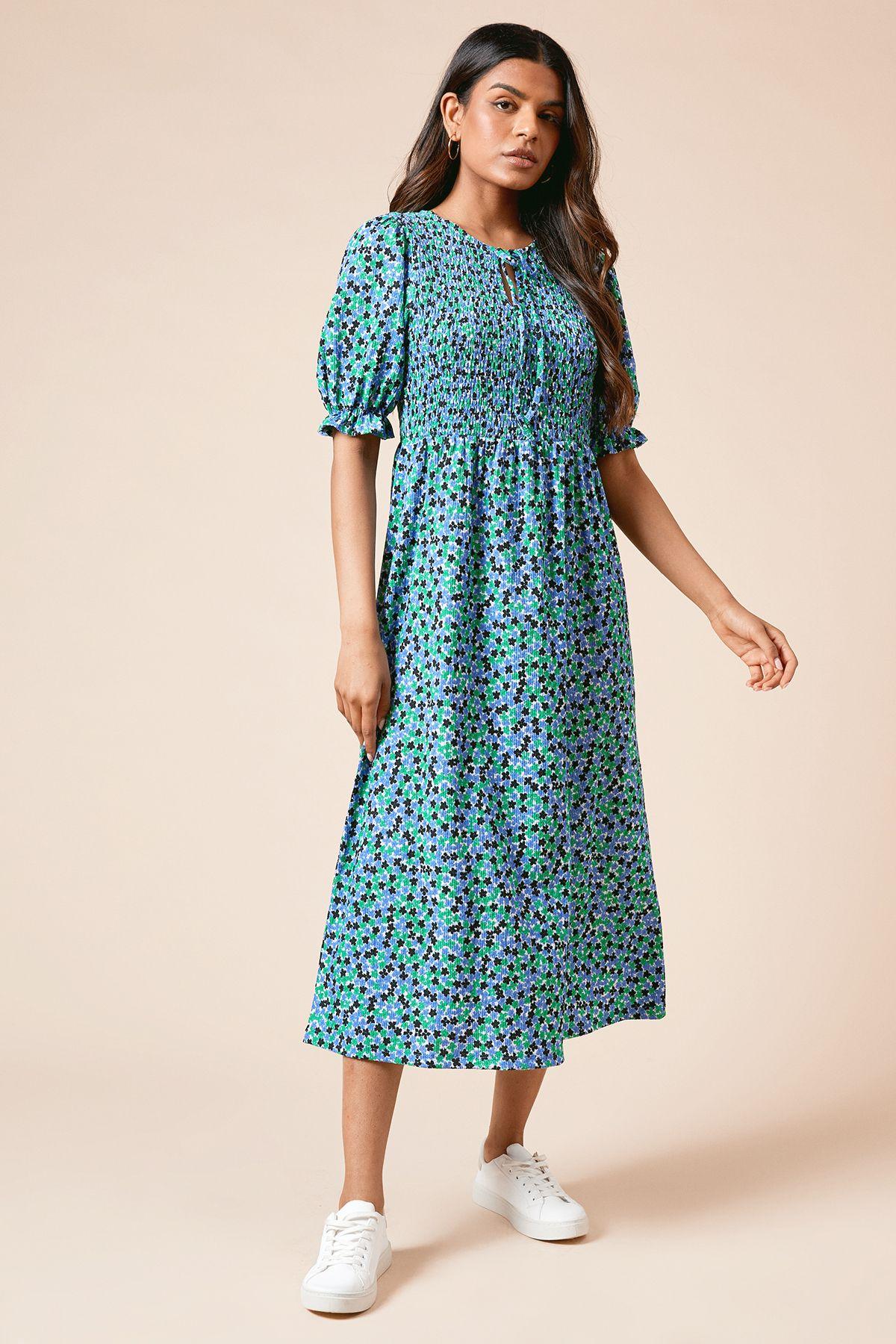 Petite Floral Puff Sleeve Shirred Bodice Jersey Midi Dress by DOROTHY PERKINS