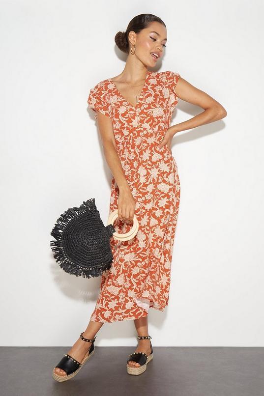 Petite Floral Ruffle Sleeve Button Midi Dress by DOROTHY PERKINS