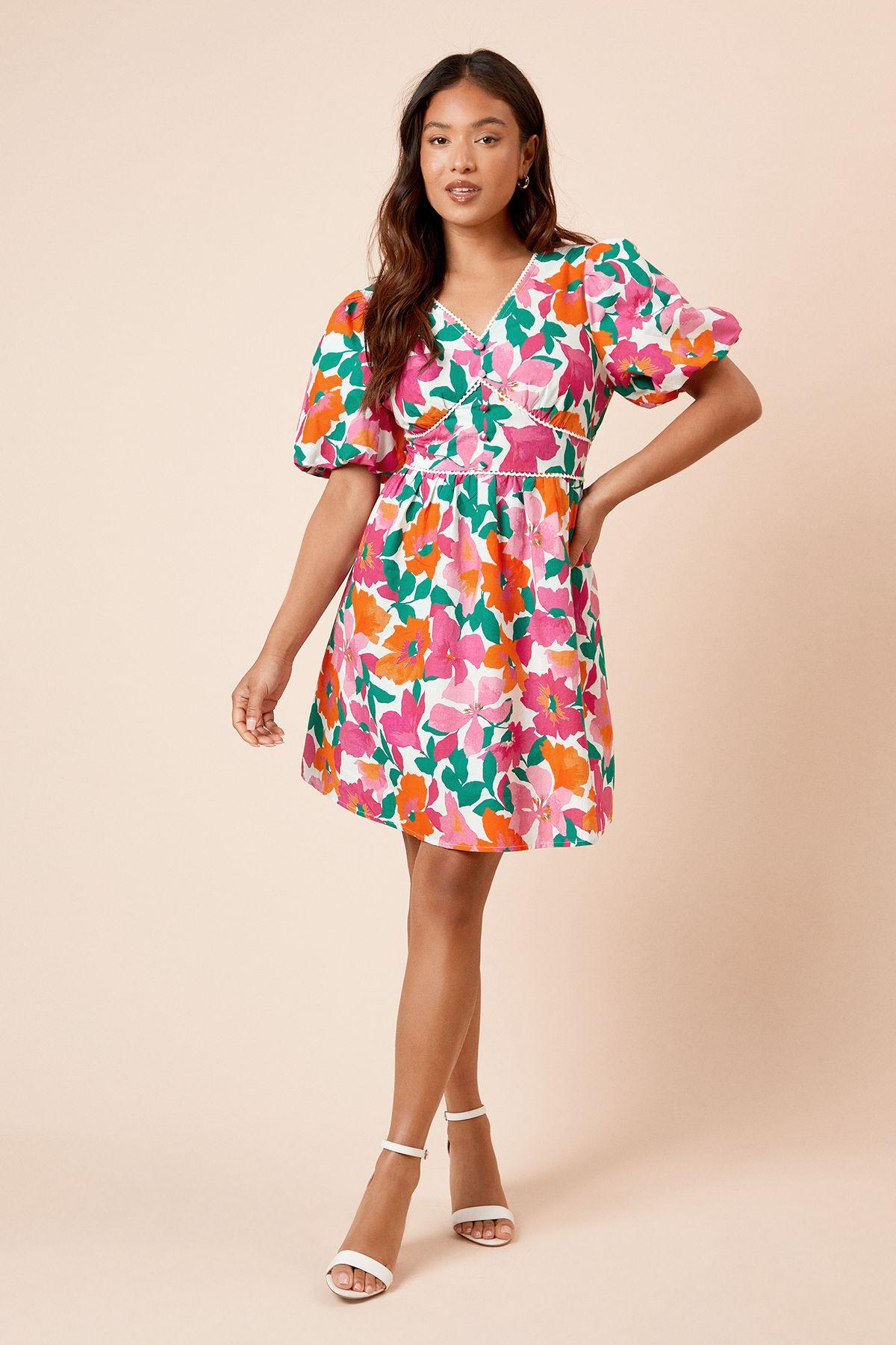 Petite Floral Trim Detail Puff Sleeve Mini Dress by DOROTHY PERKINS