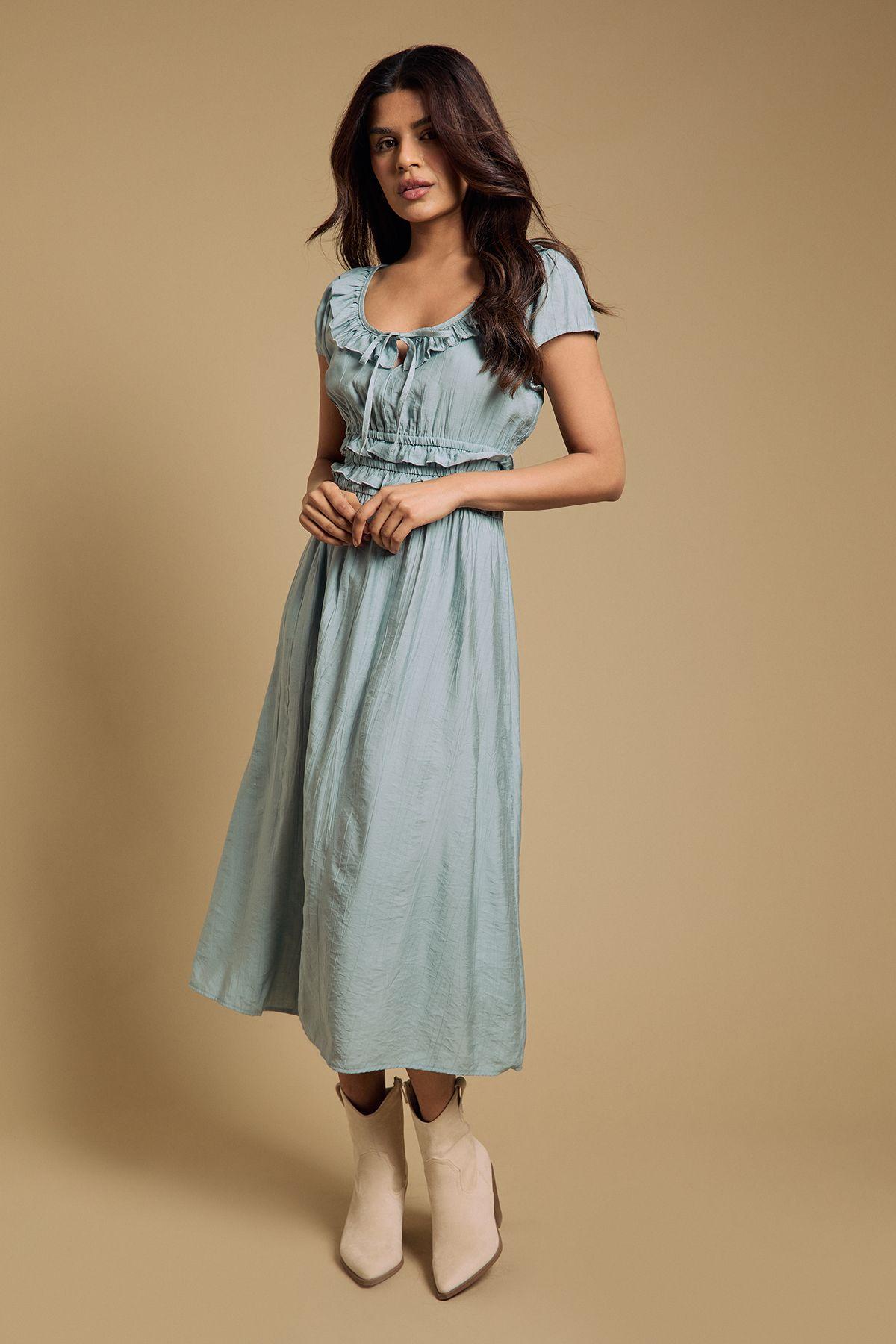 Petite Frill Scoop Neck Shirred Waist Midi Dress by DOROTHY PERKINS
