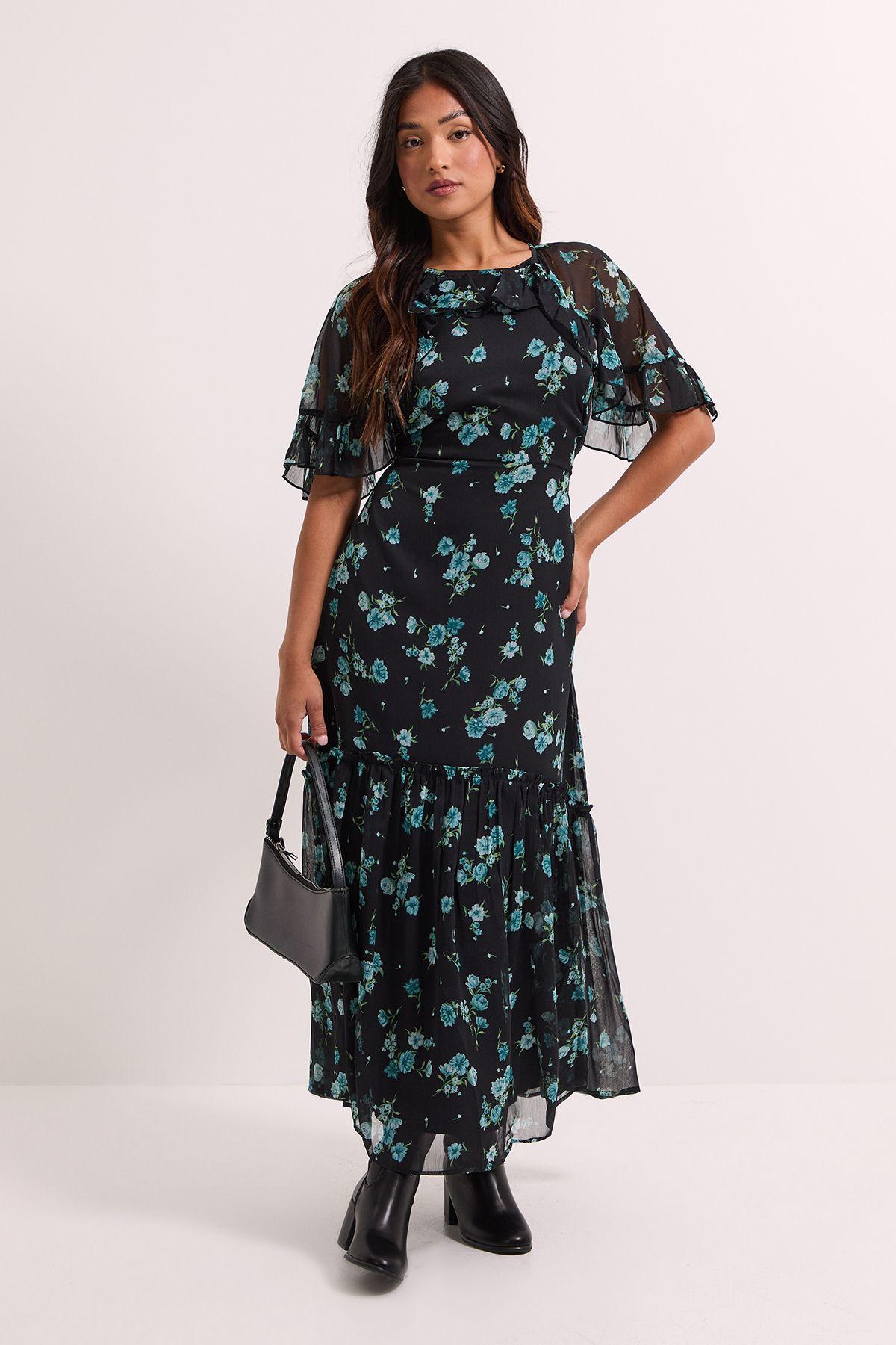 Petite Green Floral Frill Cape Sleeve Tiered Printed Chiffon Midi Dress by DOROTHY PERKINS