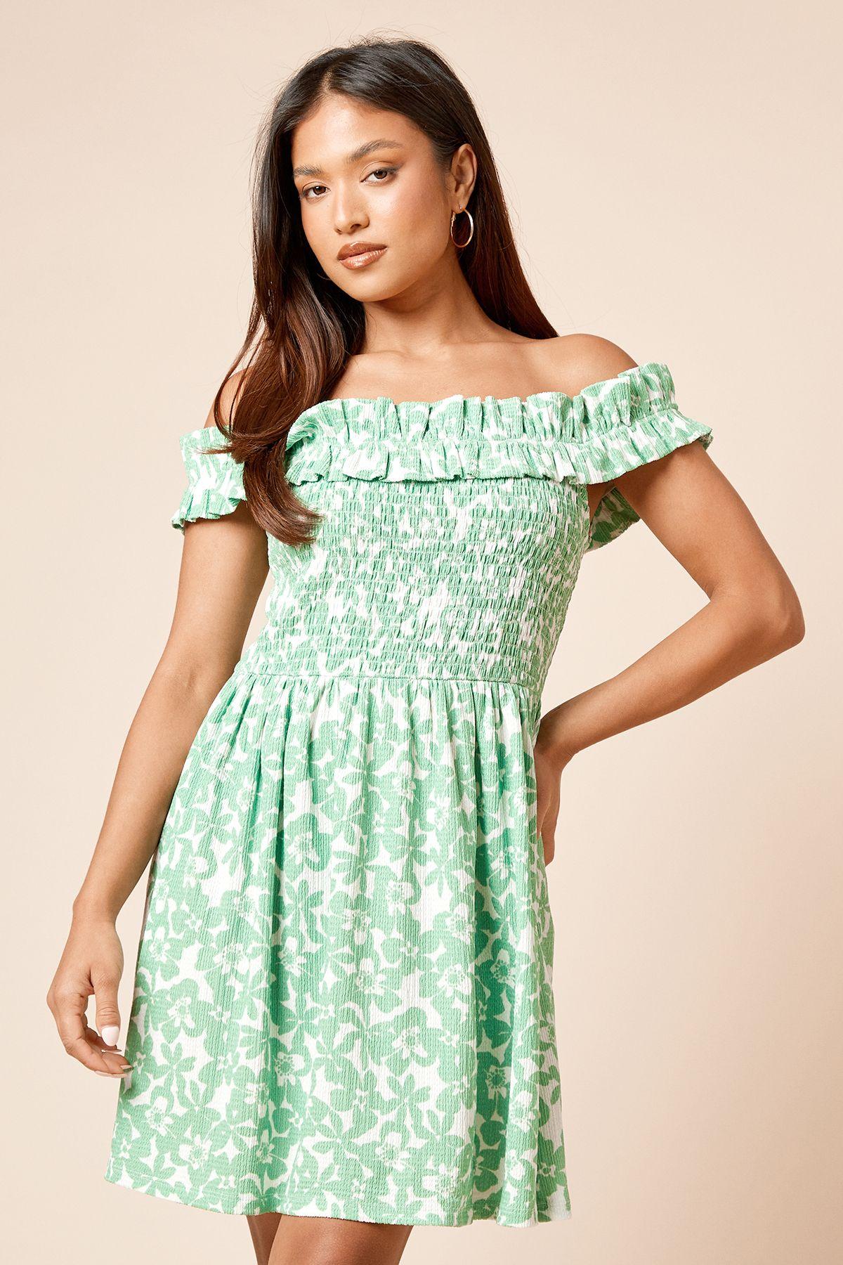 Petite Green Floral Shirred Bodice Bardot Jersey Mini Dress by DOROTHY PERKINS