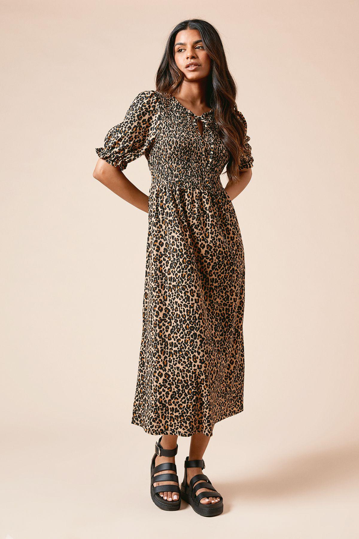 Petite Leopard Puff Sleeve Shirred Bodice Jersey Midi Dress by DOROTHY PERKINS