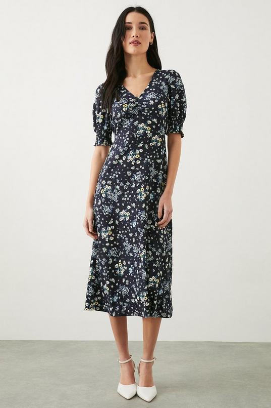 Petite Navy Ditsy Shirred Cuff Jersey Midi Dress by DOROTHY PERKINS