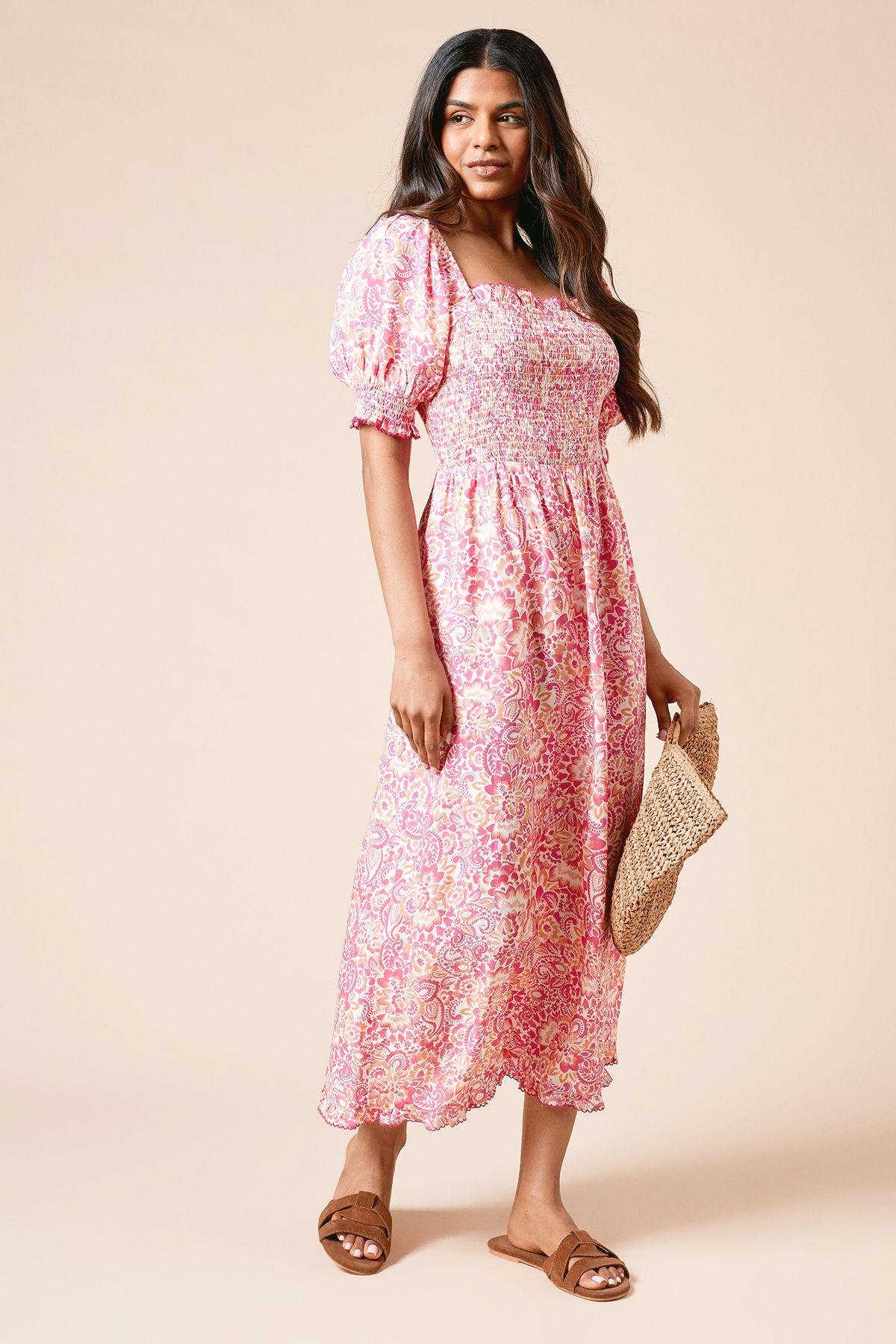 Petite Pink Shirred Bodice Trim Detail Midaxi Dress by DOROTHY PERKINS
