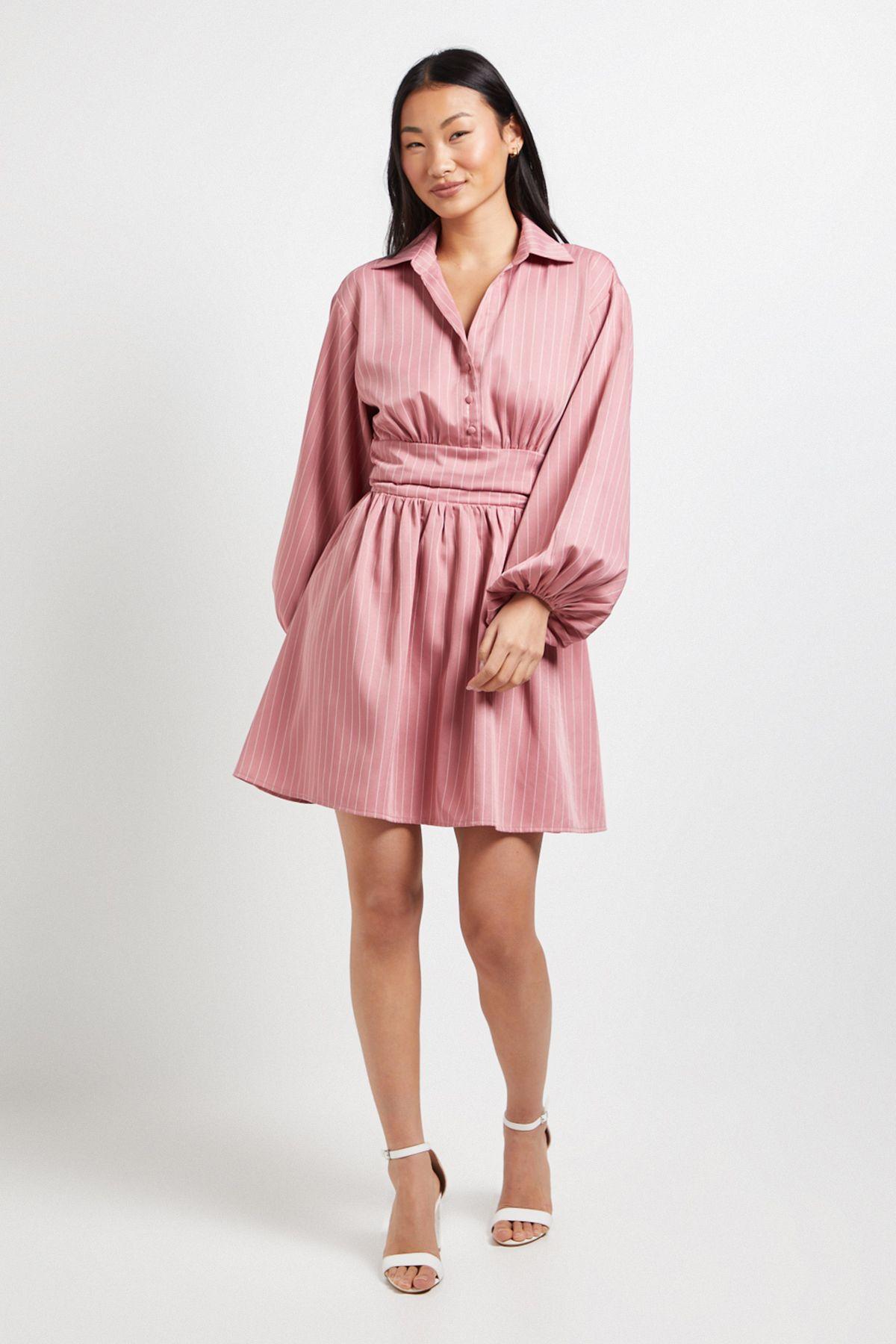 Petite Pinstripe Collar Detail Gathered Waist Mini Dress by DOROTHY PERKINS