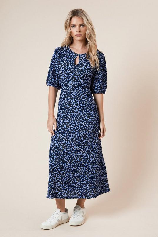 Petite Puff Sleeve Blue Spot Keyhole Midi Dress by DOROTHY PERKINS
