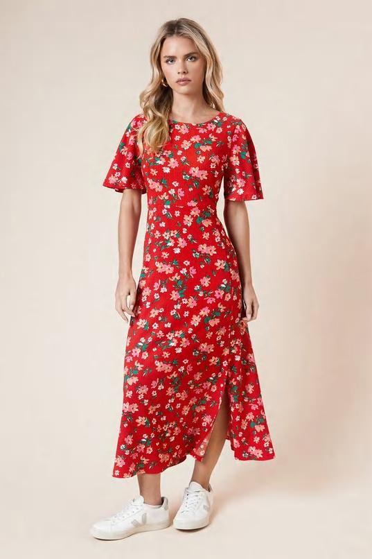 Petite Red Floral Angel Sleeve Midi Dress by DOROTHY PERKINS