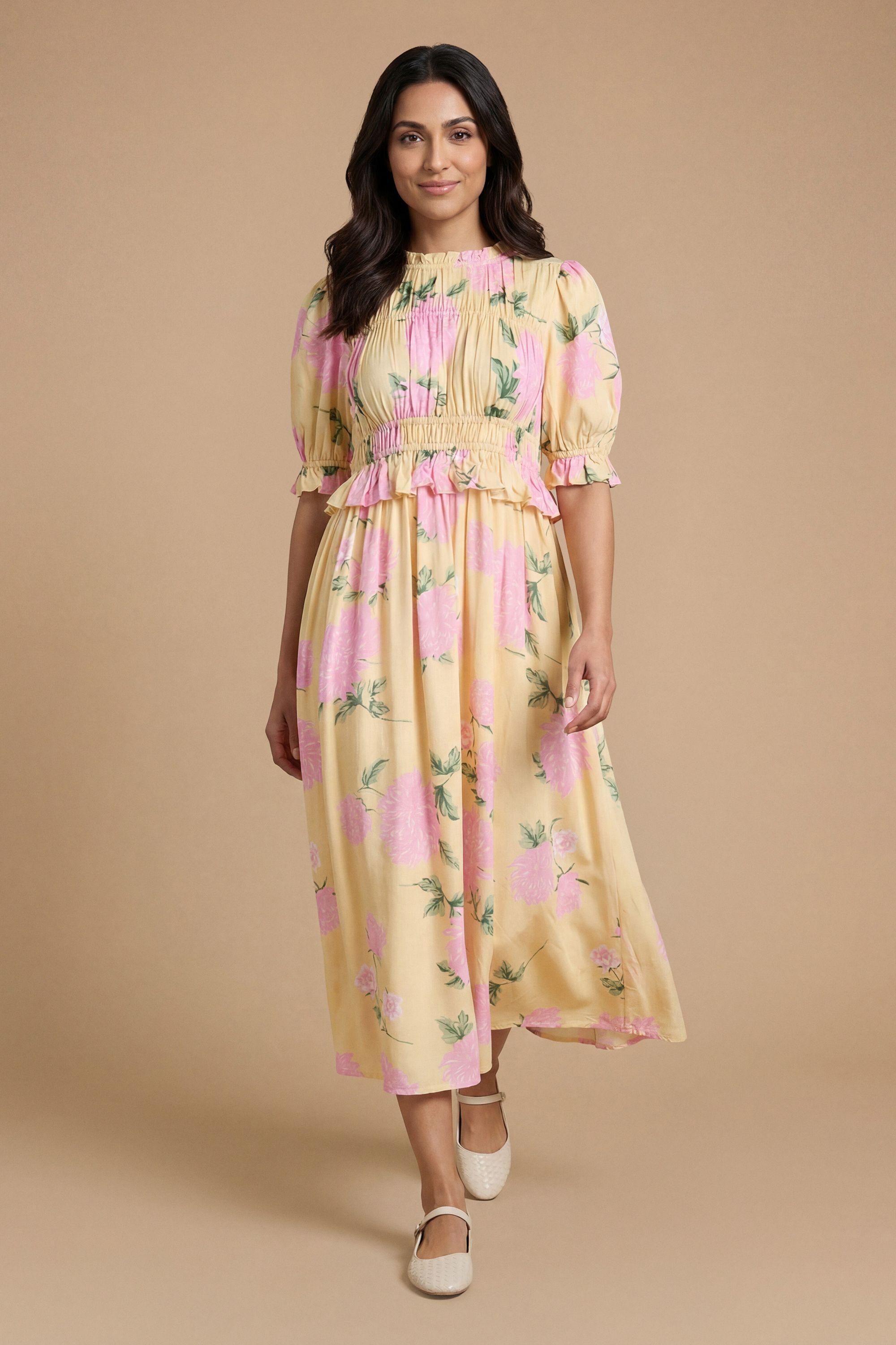 Petite Shirred Bodice Puff Sleeve Midi Dress by DOROTHY PERKINS