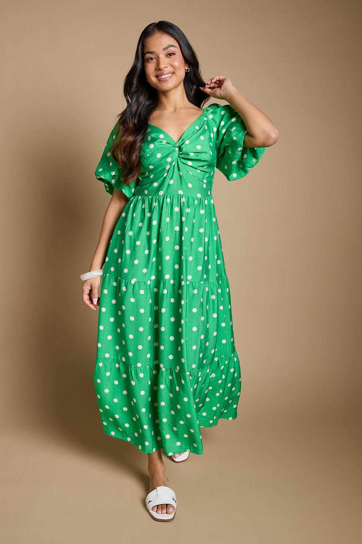 Petite Spot Twist Front Puff Sleeve Midi Dress by DOROTHY PERKINS