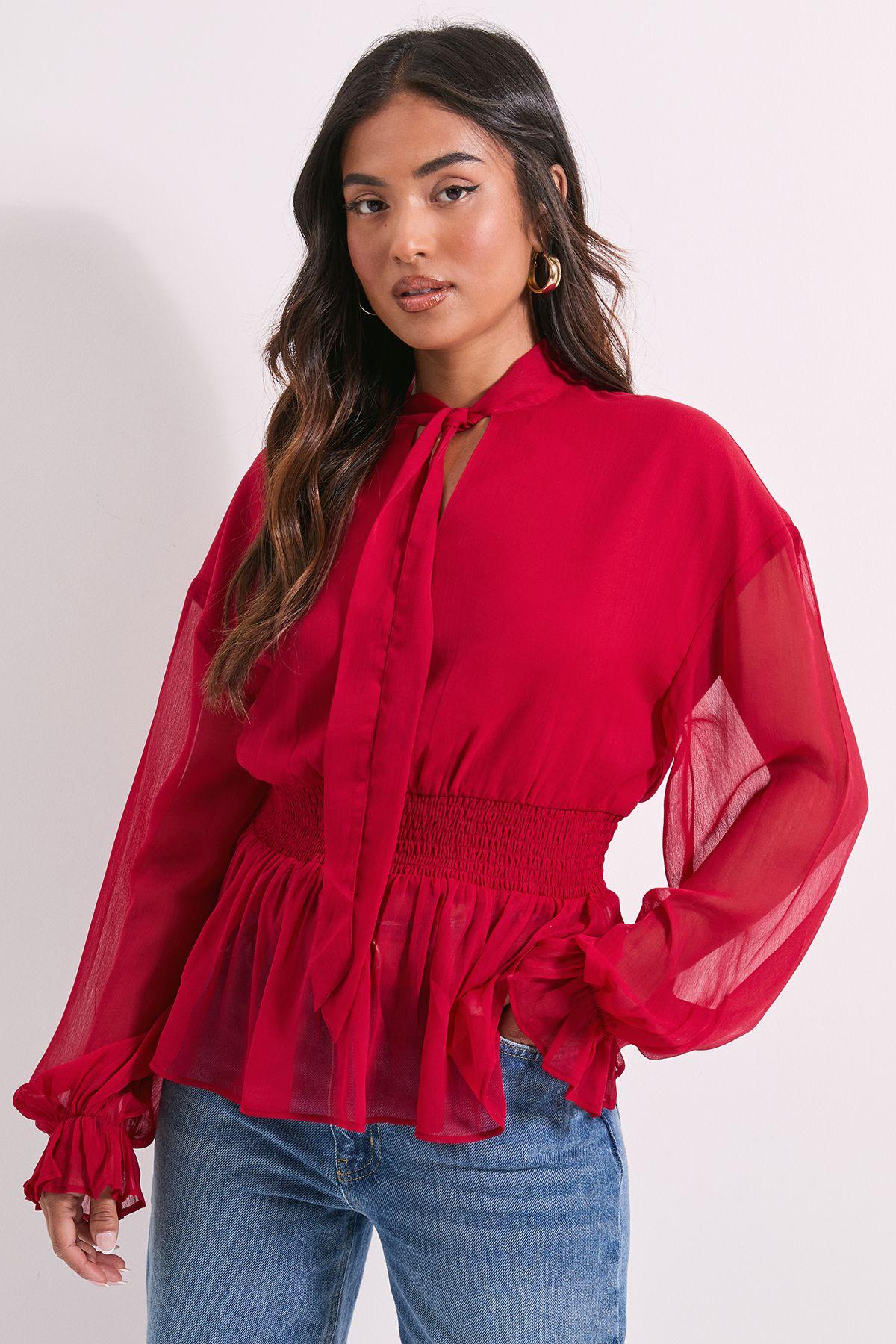 Petite Tie Neck Shirred Waist Boho Blouse by DOROTHY PERKINS