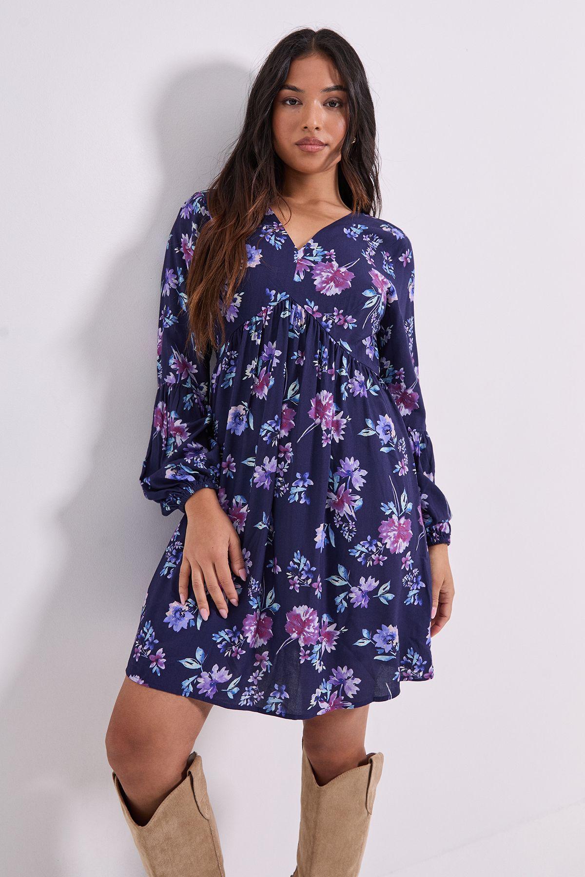 Petite V Neck Smock Blouson Sleeve Printed Mini Dress by DOROTHY PERKINS