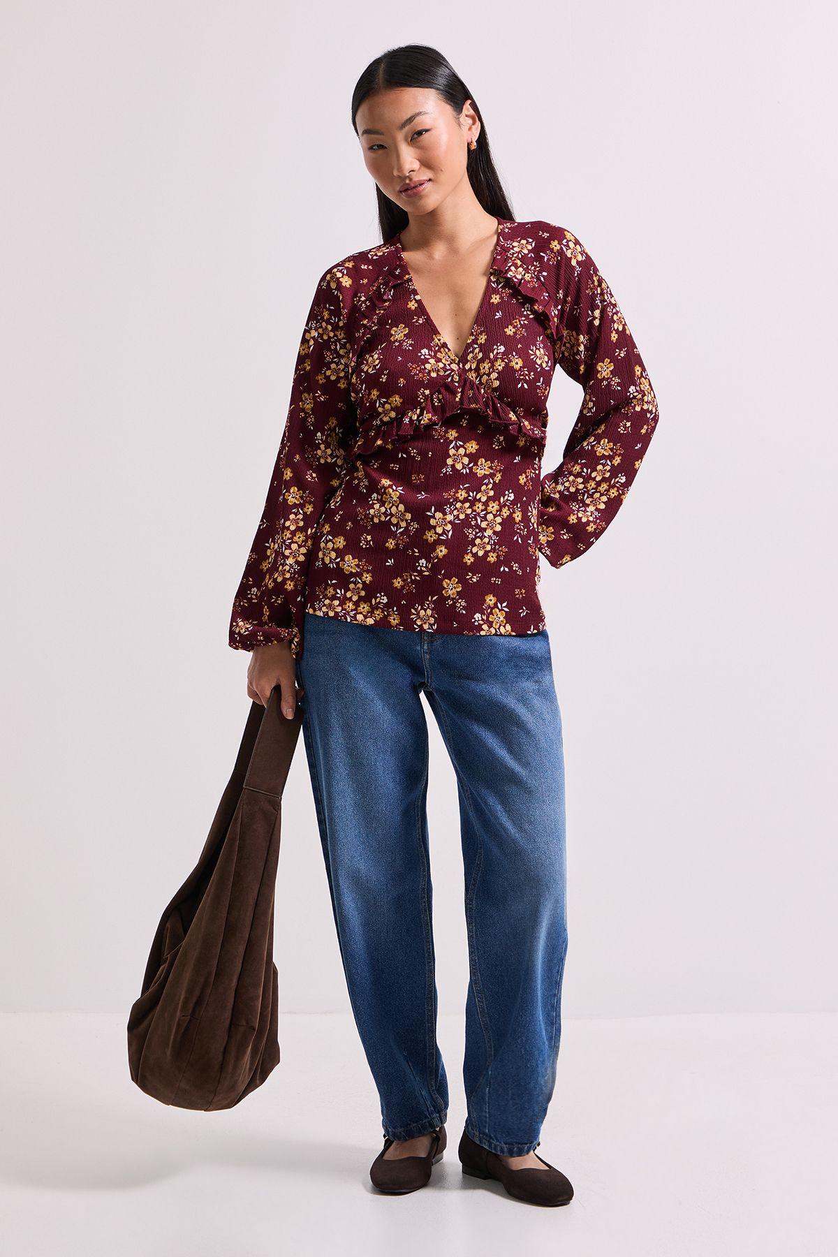 Petite Yellow Floral Empire Seam Frill Detail Printed Jersey Top by DOROTHY PERKINS