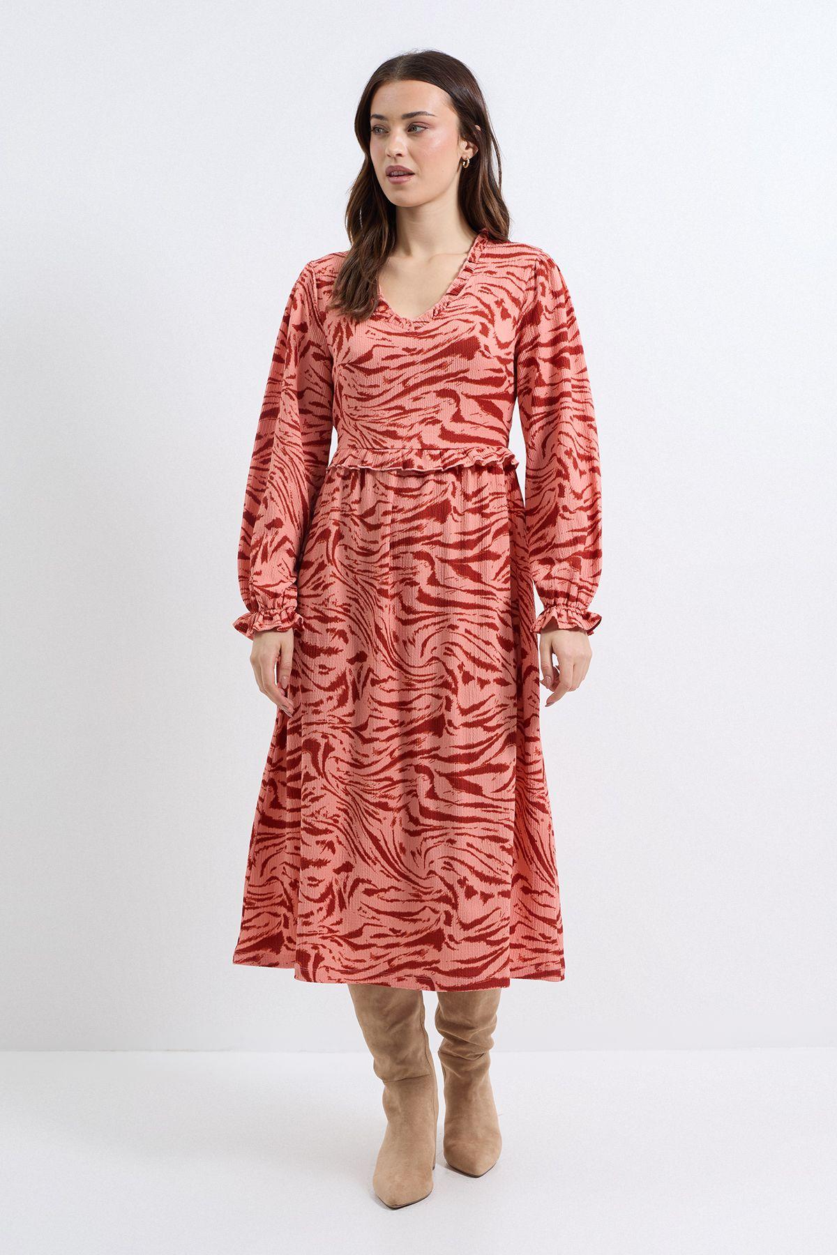 Pink Animal Frill Neck Blouson Sleeve Midi Dress by DOROTHY PERKINS