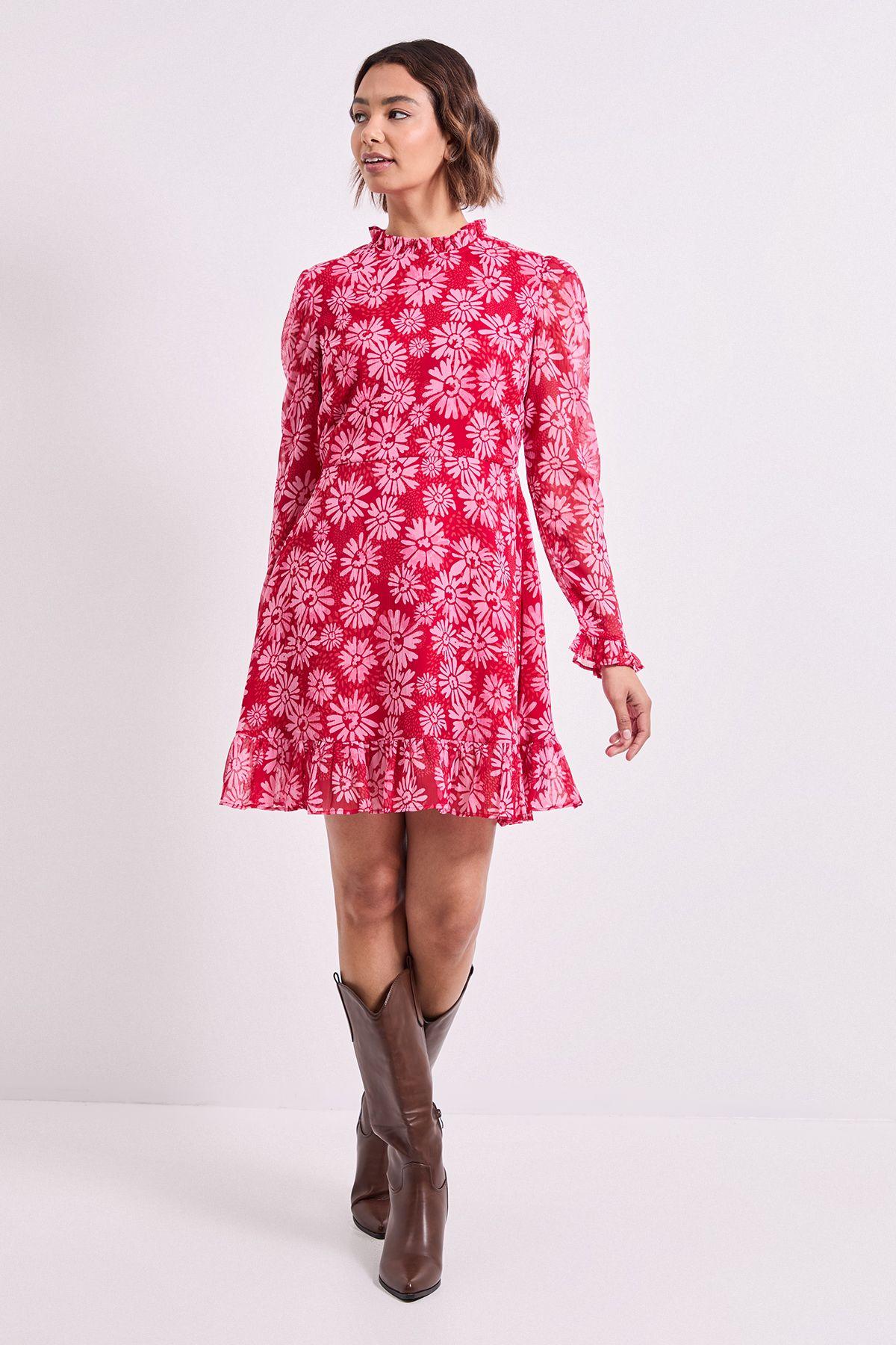 Pink Daisy Frill Neck Printed Mini Tea Dress by DOROTHY PERKINS