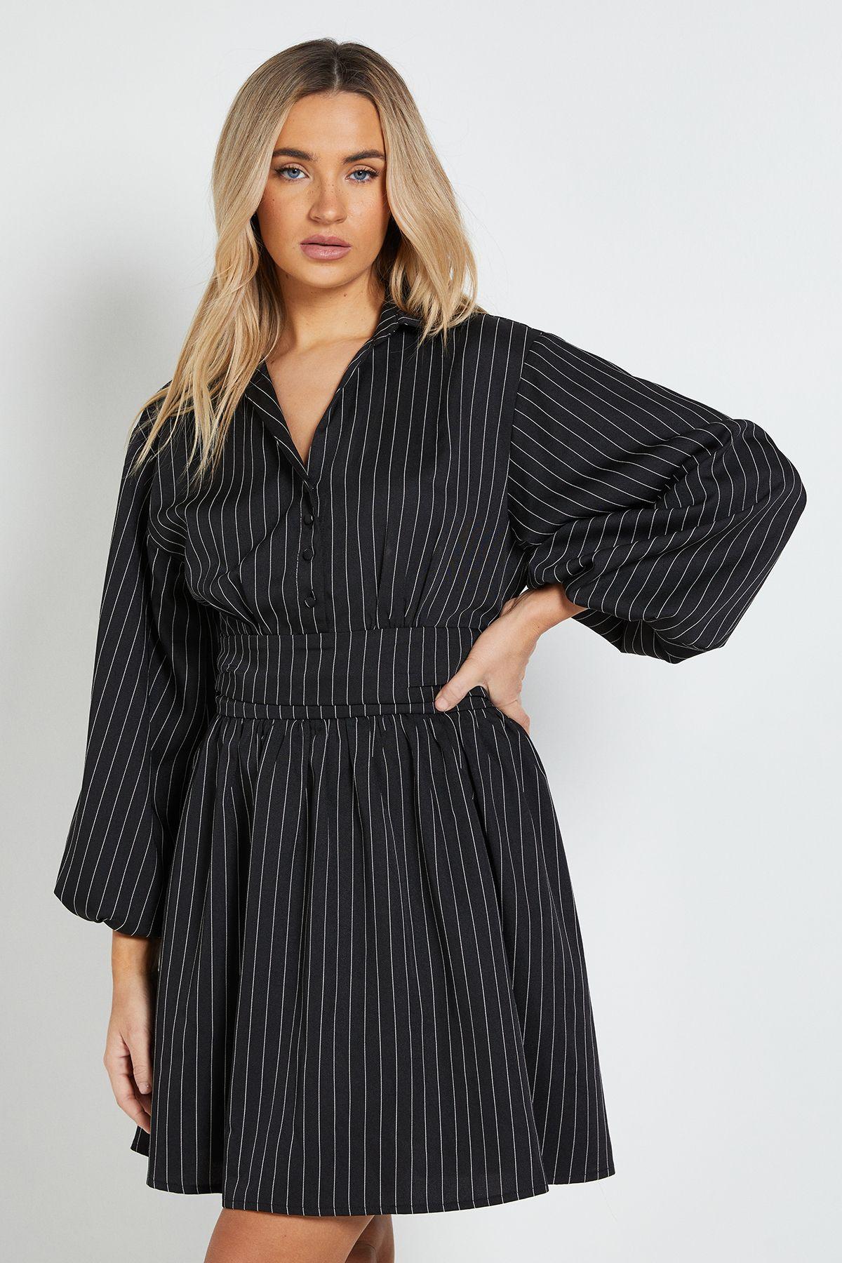 Pinstripe Collar Detail Gathered Waist Mini Dress by DOROTHY PERKINS