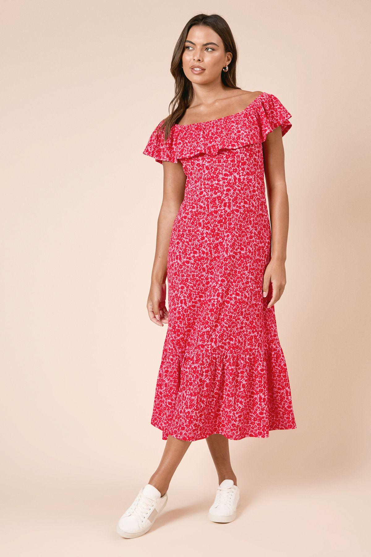 Red Ditsy Frill Tiered Hem Jersey Midi Dress by DOROTHY PERKINS