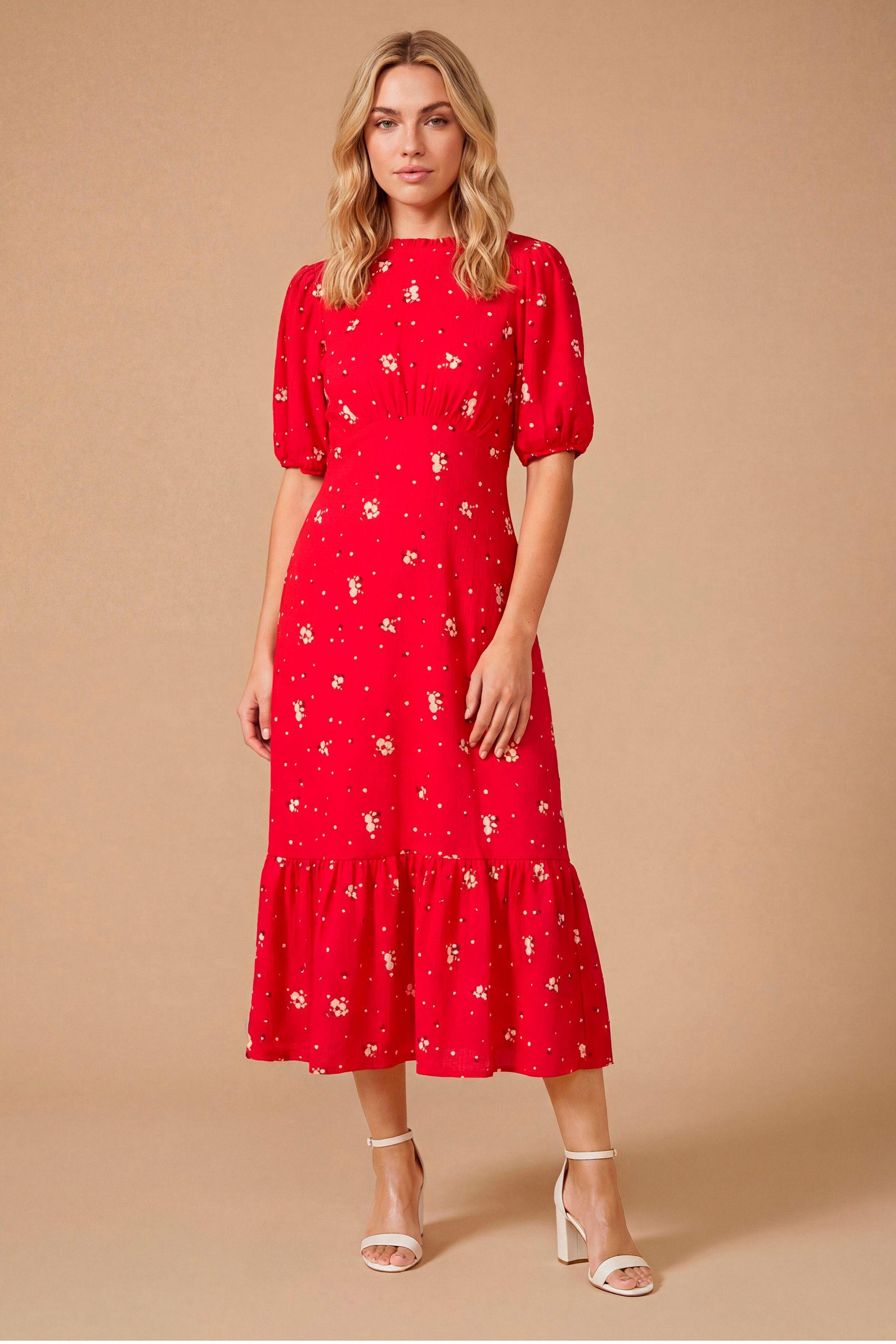 Red Ditsy Tie Back Tiered Jersey Midi Dress by DOROTHY PERKINS