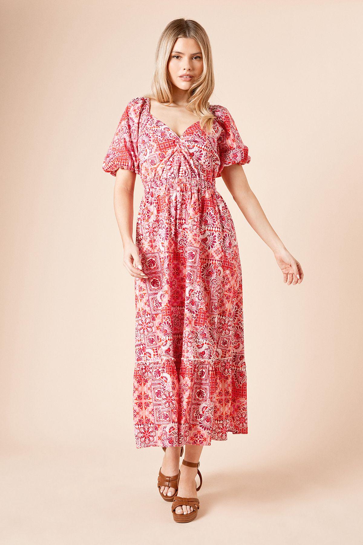 Red Geo Poplin Twist Front Midi Dress by DOROTHY PERKINS