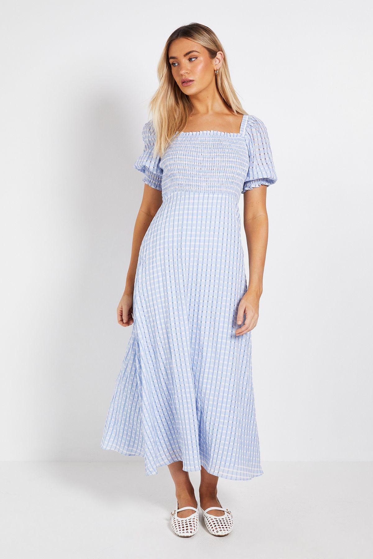 Shirred Bodice Gingham Midi Dress by DOROTHY PERKINS