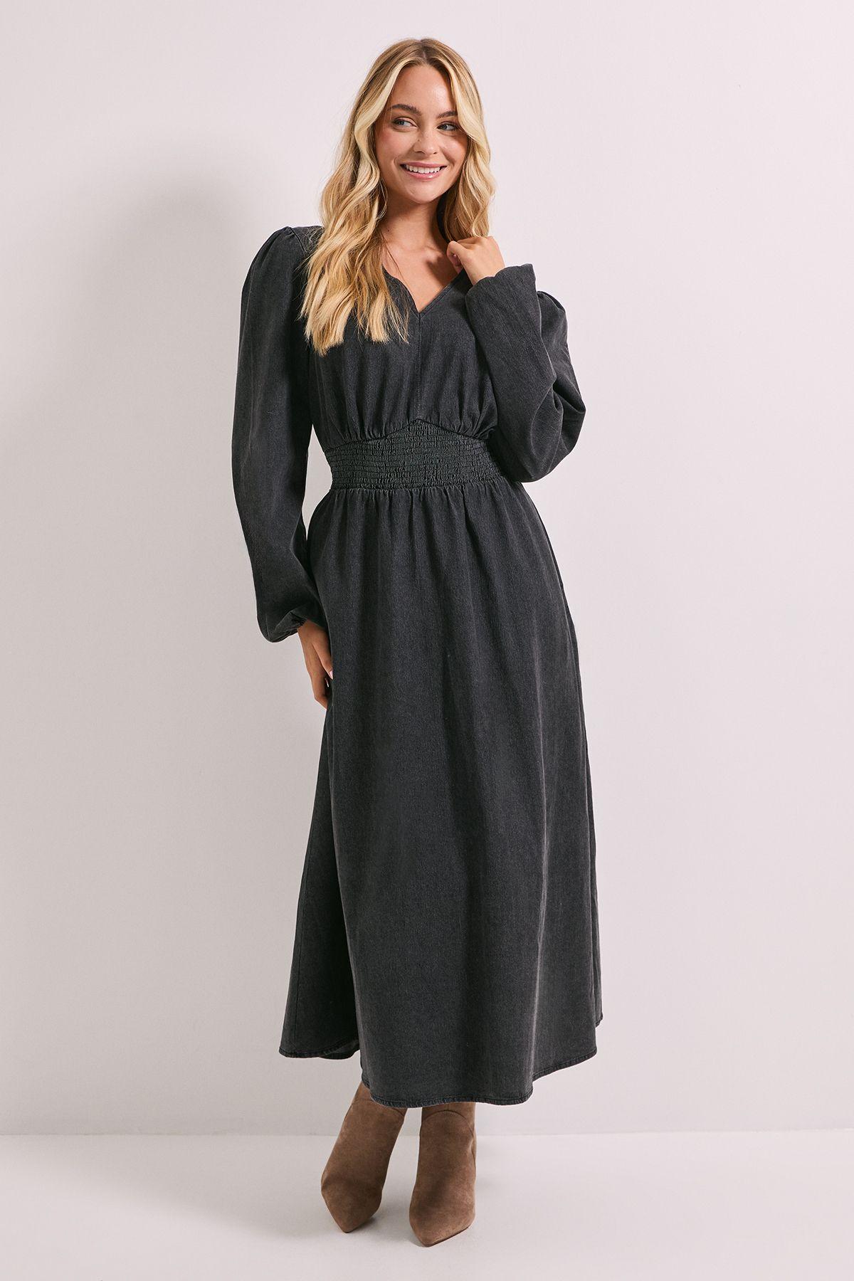Shirred Waist Long Sleeve Denim Midi Dress by DOROTHY PERKINS