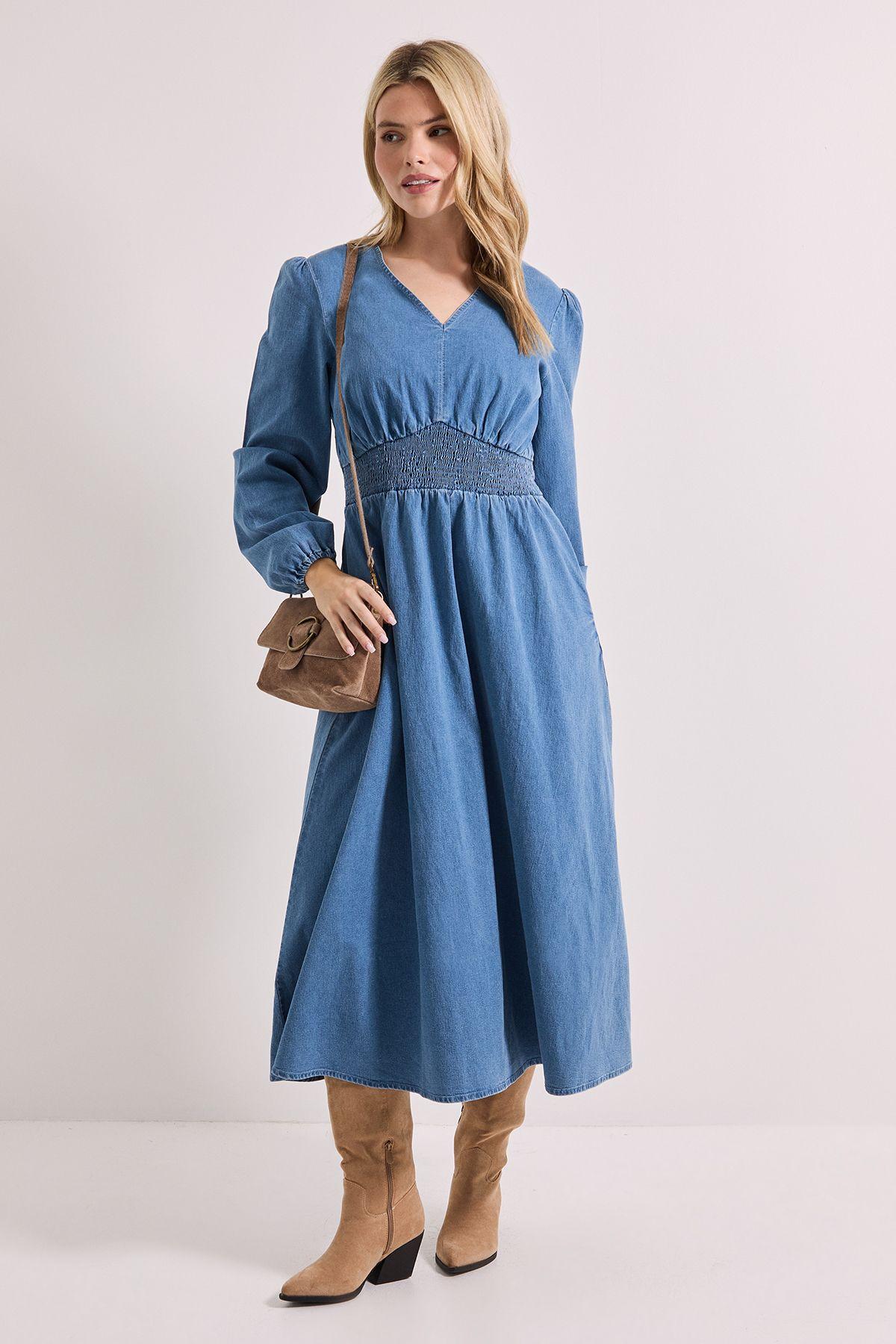 Shirred Waist Long Sleeve Denim Midi Dress by DOROTHY PERKINS