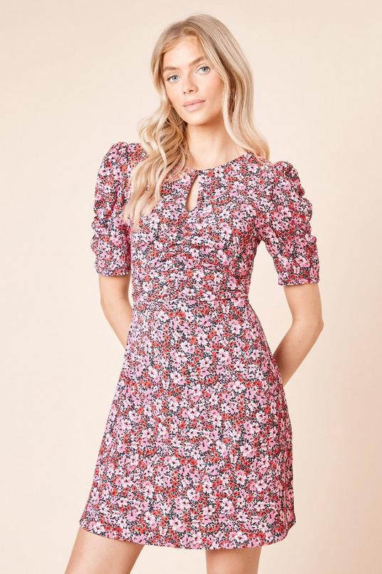 Short Sleeve Multi Floral Keyhole Mini Dress by DOROTHY PERKINS