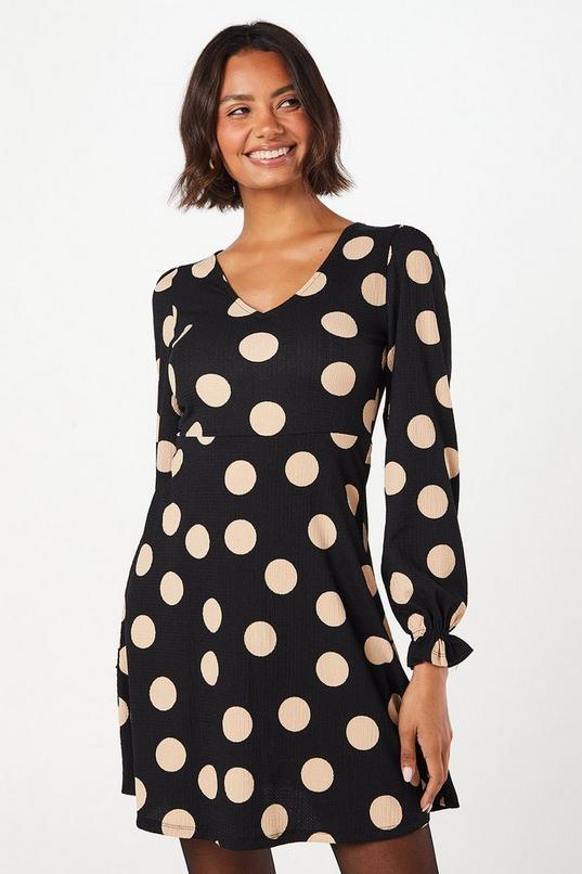 Spot Long Sleeve V Neck Mini Dress by DOROTHY PERKINS