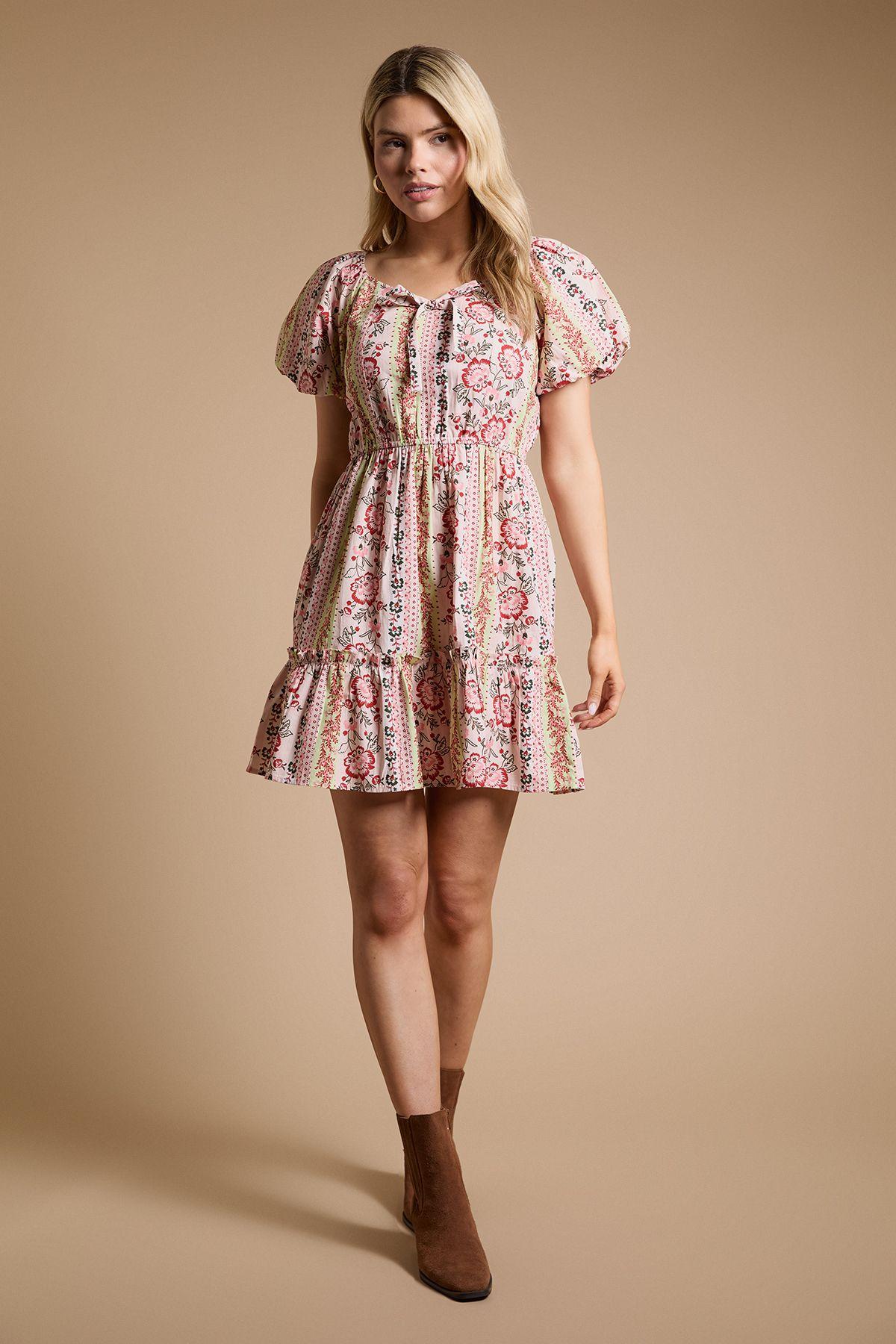 Tie Front Puff Sleeve Poplin Mini Dress by DOROTHY PERKINS