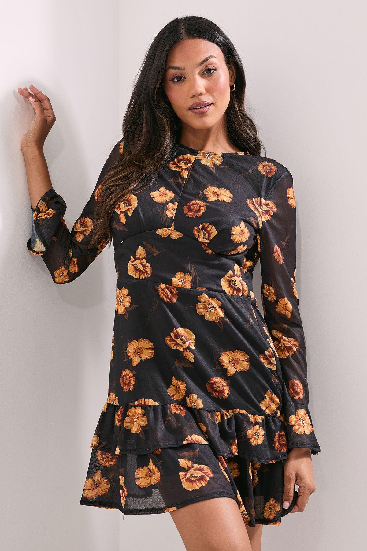 Tiered Skirt Printed Mesh Mini Dress by DOROTHY PERKINS