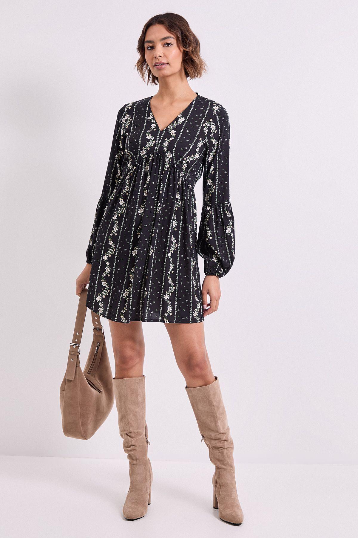 V Neck Smock Blouson Sleeve Printed Mini Dress by DOROTHY PERKINS