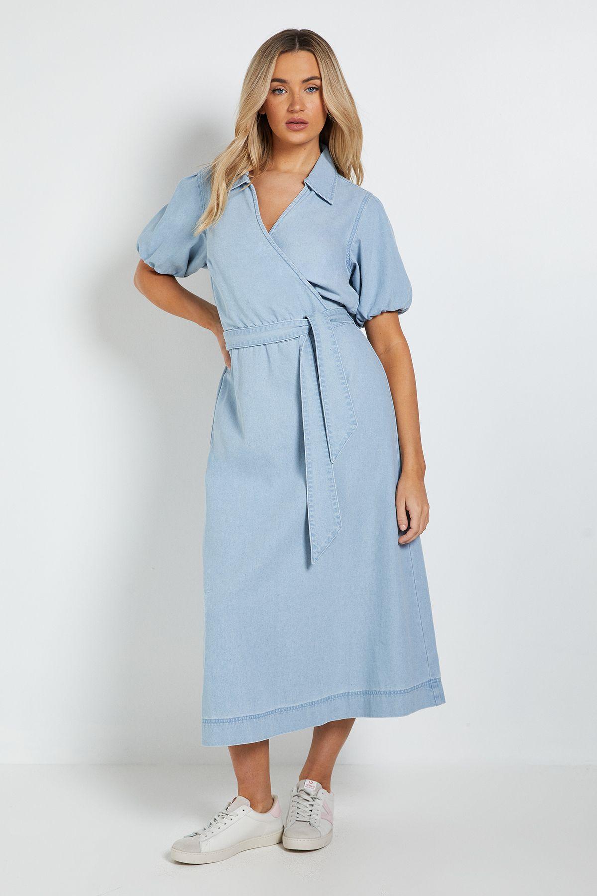 Volume Sleeve Wrap Midi Denim Dress by DOROTHY PERKINS