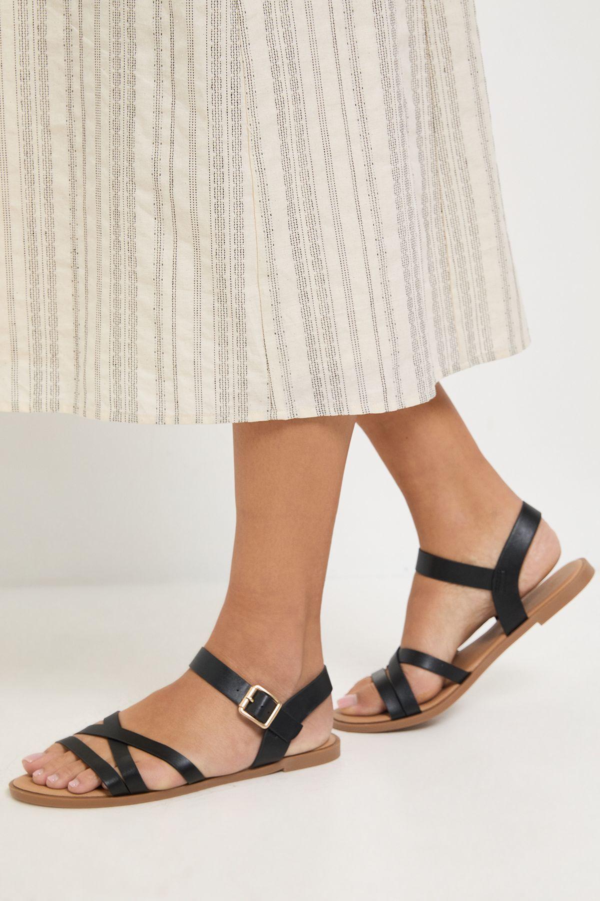 Wide Fit Axela Faux Leather Cross Strap Padded Flat Sandals by DOROTHY PERKINS