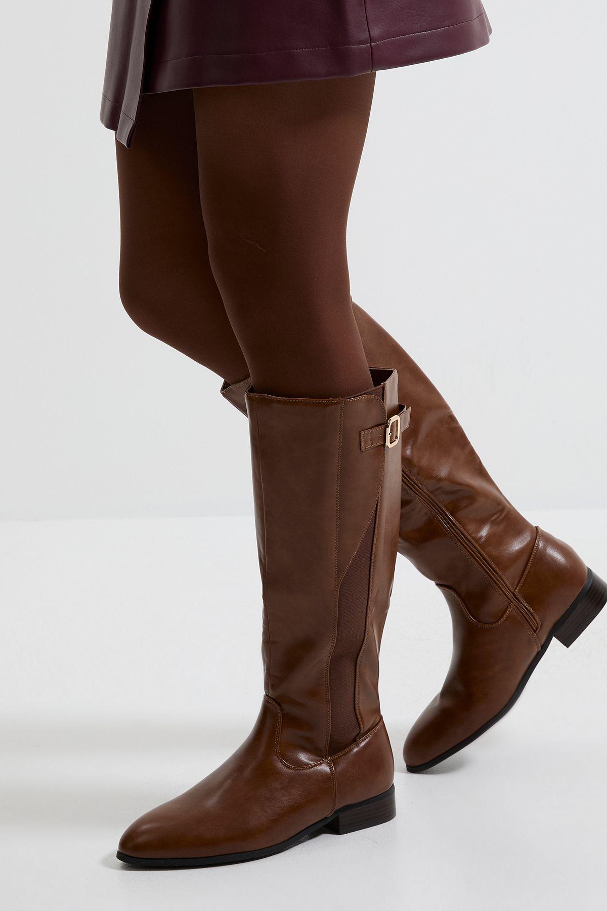 Wide Fit Kamille Faux Leather Elastic Knee High Riding Boots by DOROTHY PERKINS