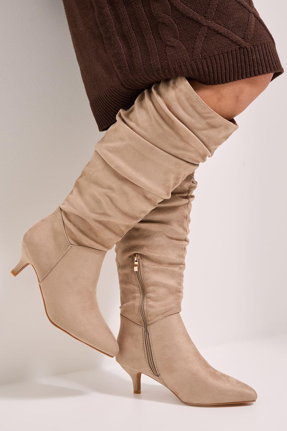 Wide Fit Khloe Faux Suede Kitten Heel Knee High Ruched Boots by DOROTHY PERKINS