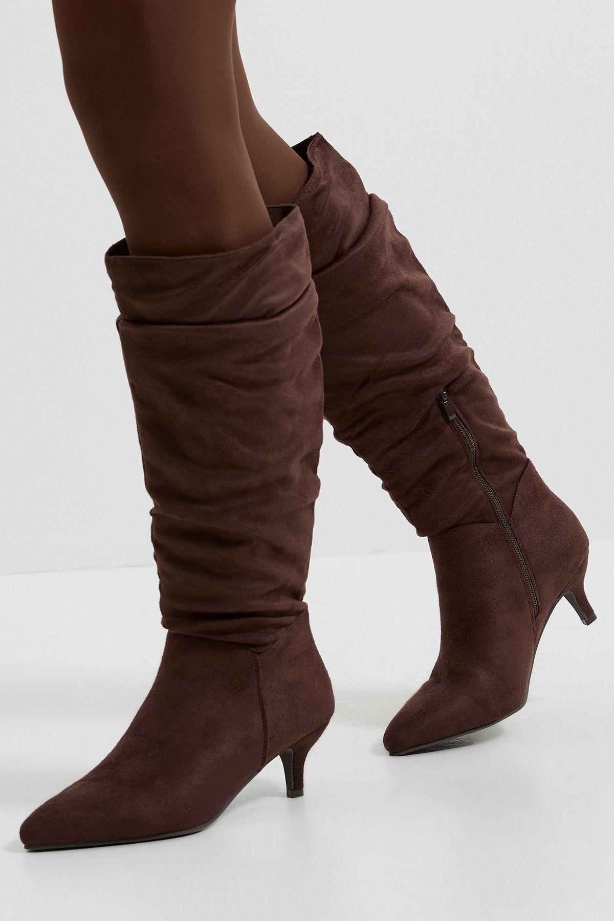 Wide Fit Khloe Faux Suede Kitten Heel Knee High Ruched Boots by DOROTHY PERKINS