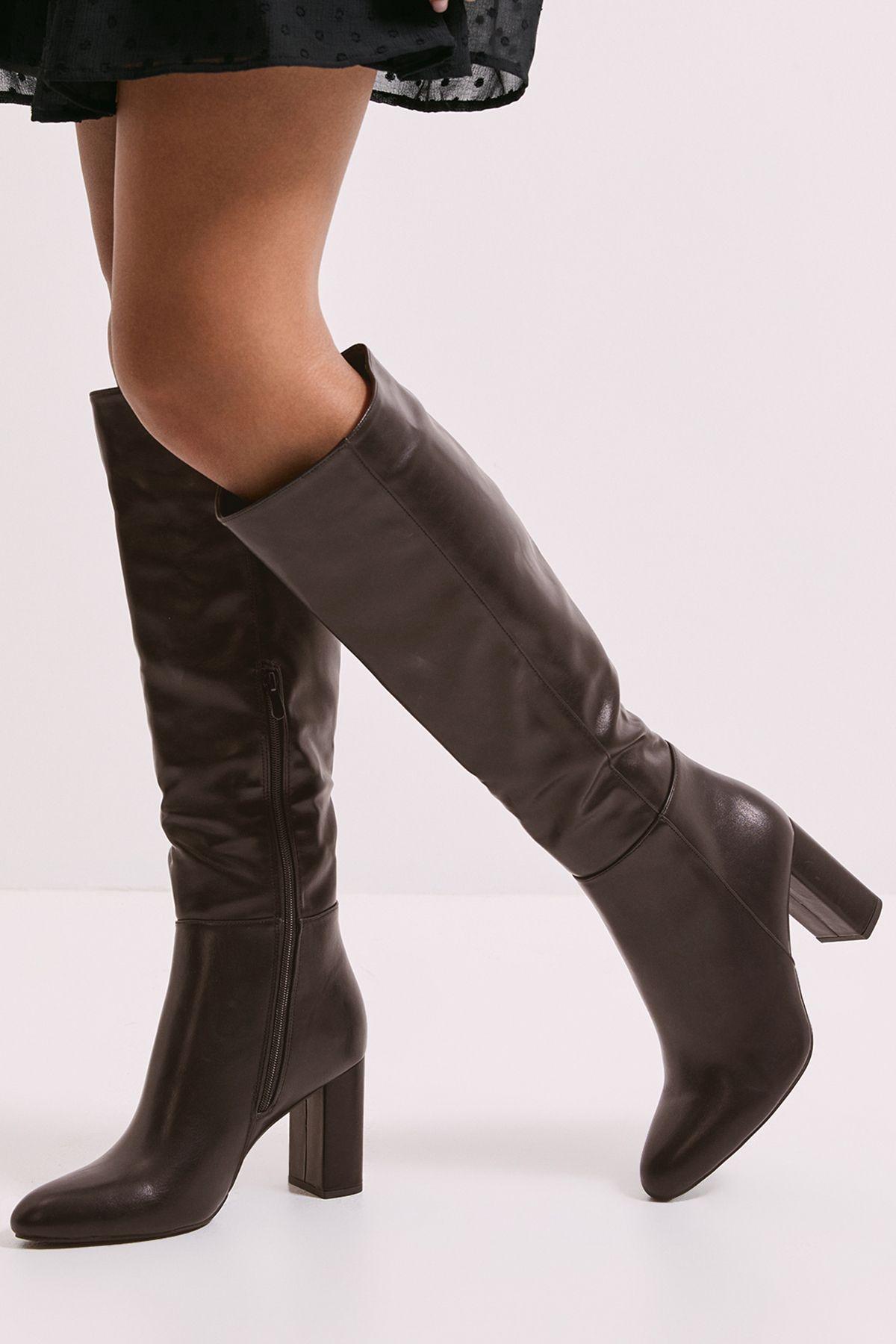 Wide Fit Liliana Almond Toe High Block Heel Knee Boots by DOROTHY PERKINS