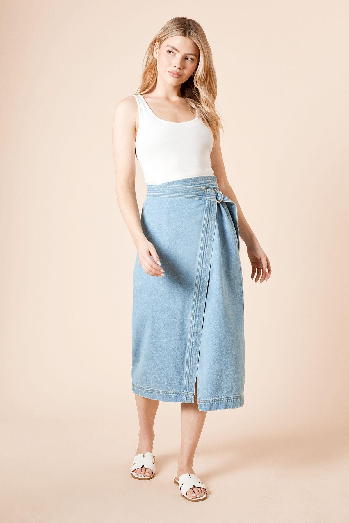 Wrap Front Denim Midi Skirt by DOROTHY PERKINS