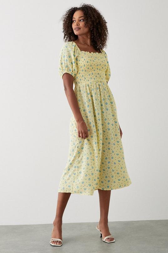 Yellow Ditsy Floral Shirred Midi Dress by DOROTHY PERKINS