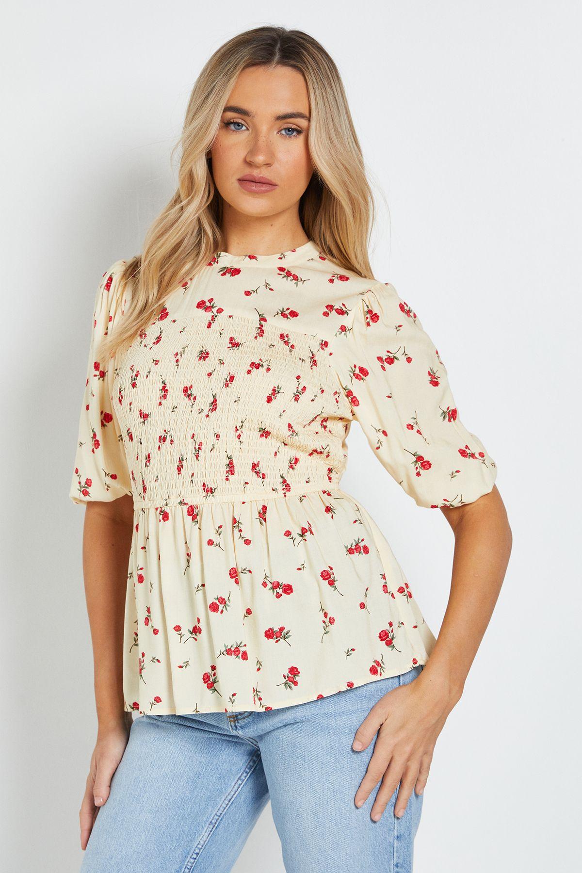 Yellow Ditsy High Neck Shirred Bodice Top by DOROTHY PERKINS