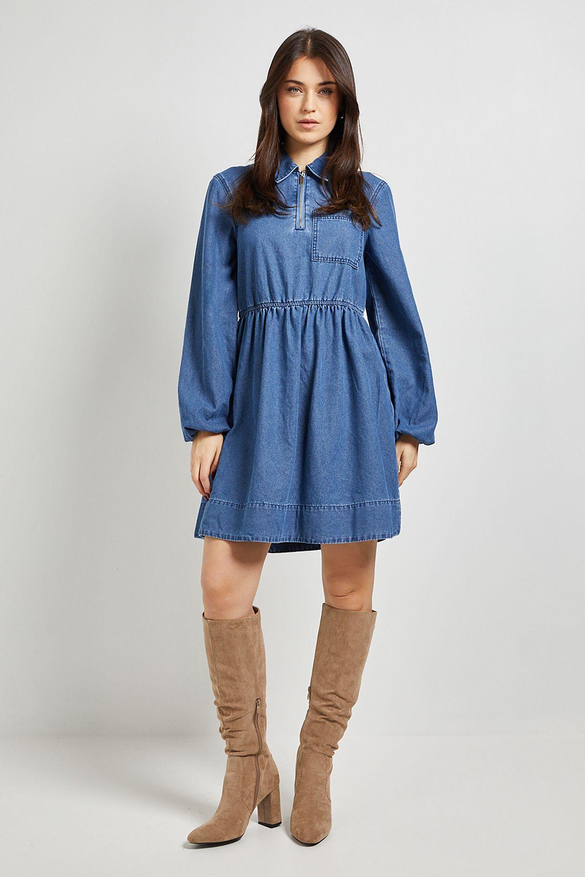 Zip Front Pocket Detail Long Sleeve Denim Mini Dress by DOROTHY PERKINS