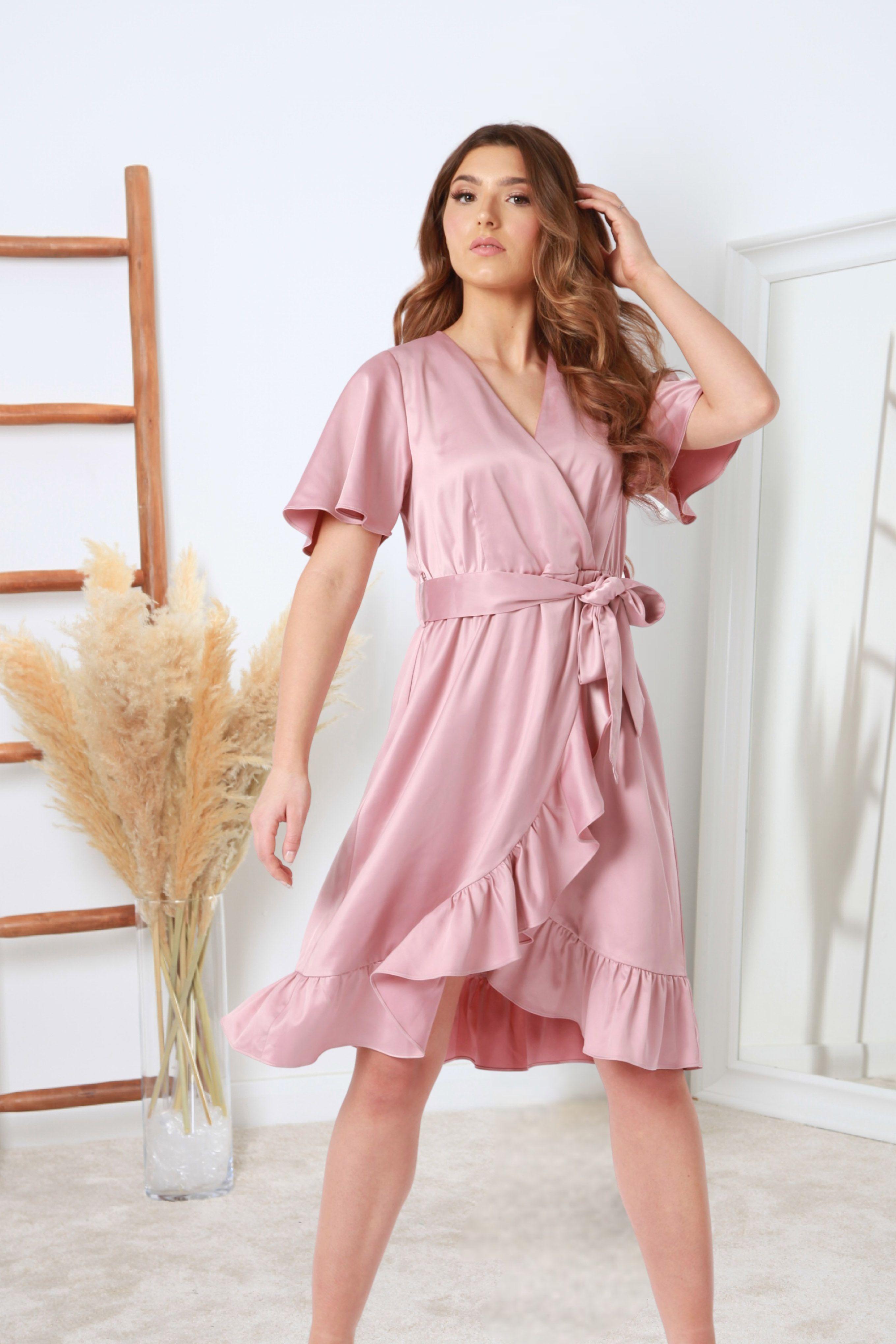 Frill Wrap Dress with Tea Sleeve by DOUBLE SECOND