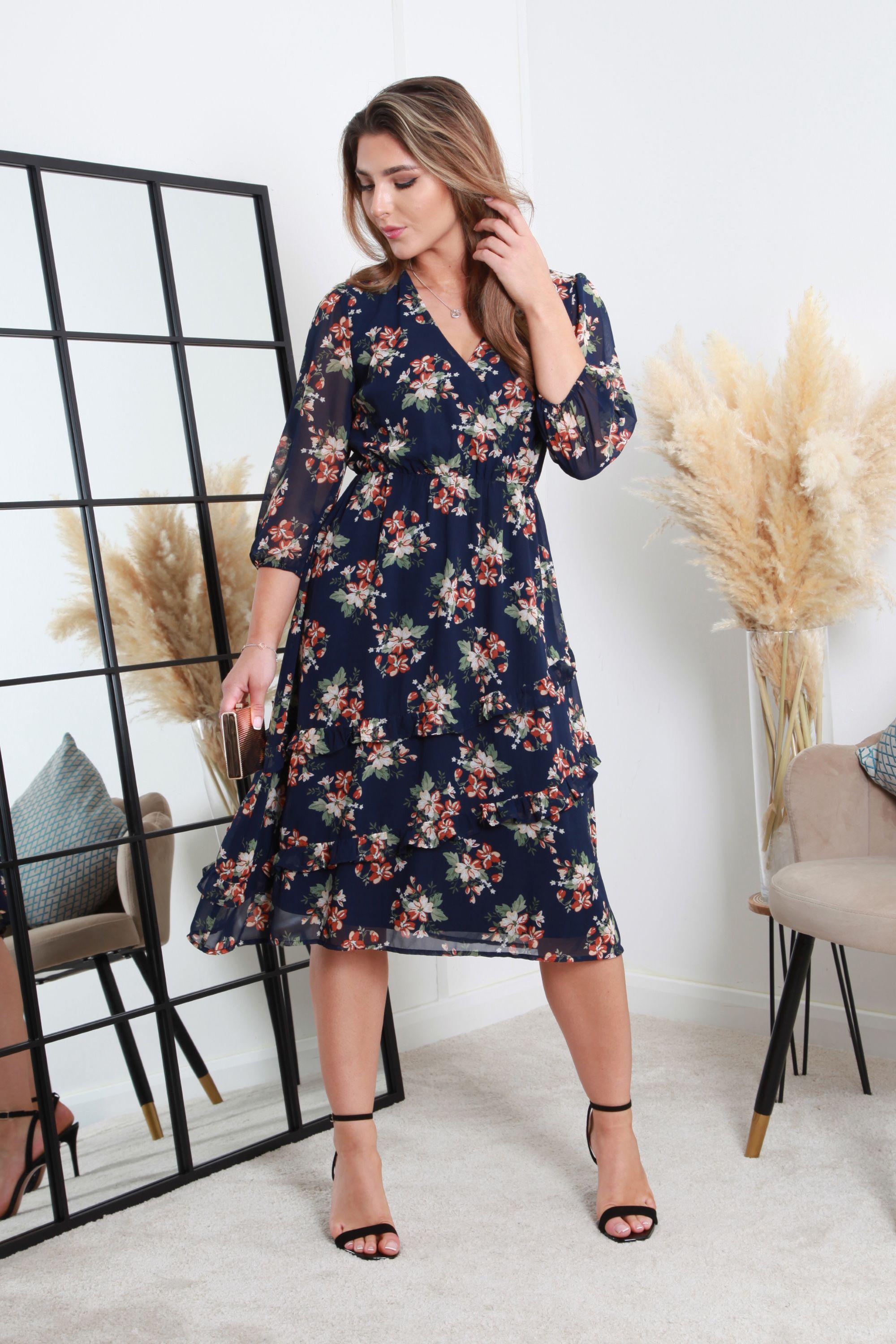 Printed Navy Wrap Dress With Tiered Frill Detail by DOUBLE SECOND